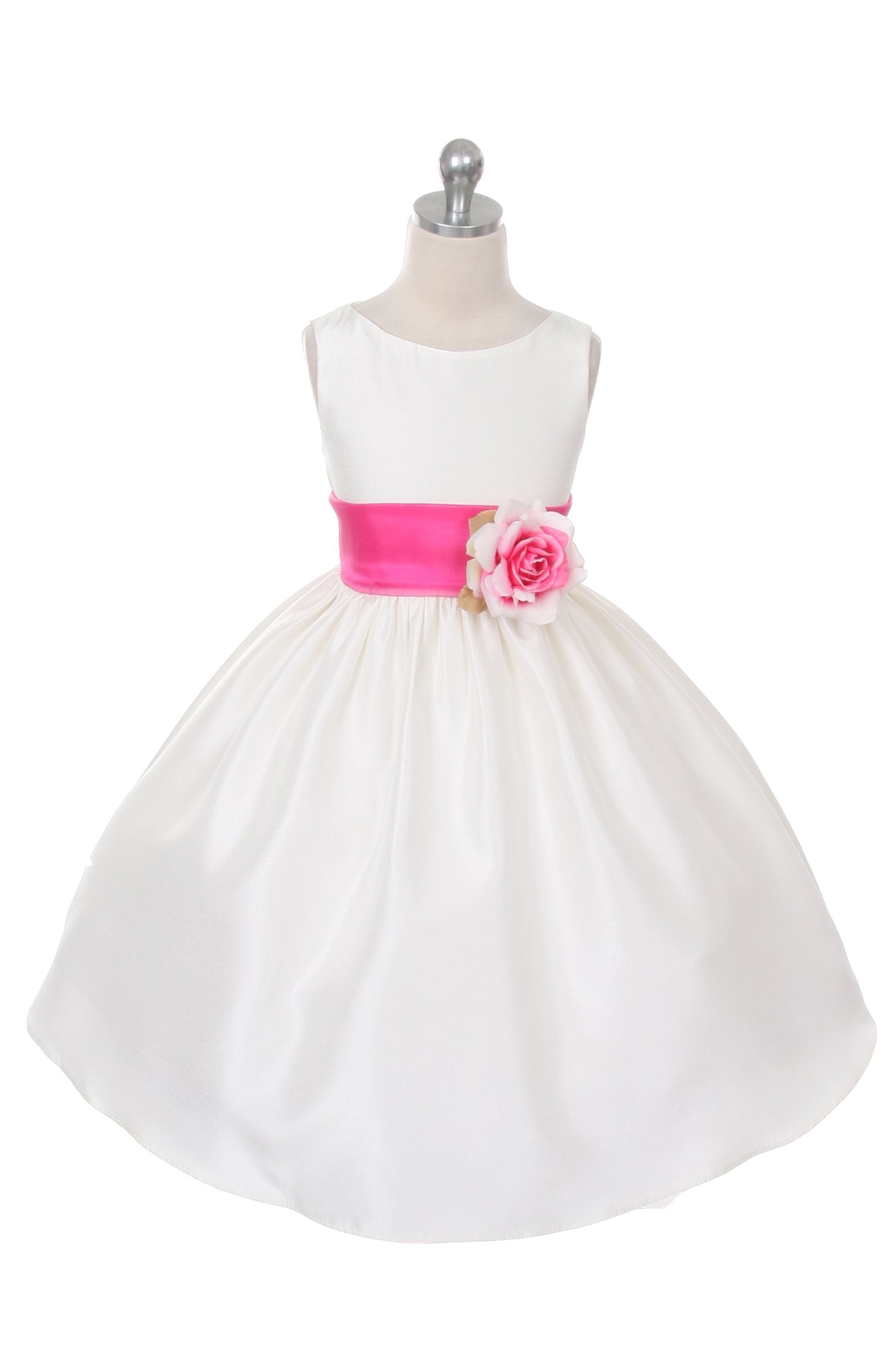 Ivory Classic Poly Silk Girls Dress with Organza Sash - Elegant Flower Girl Dress for Weddings, Parties & Special Occasions