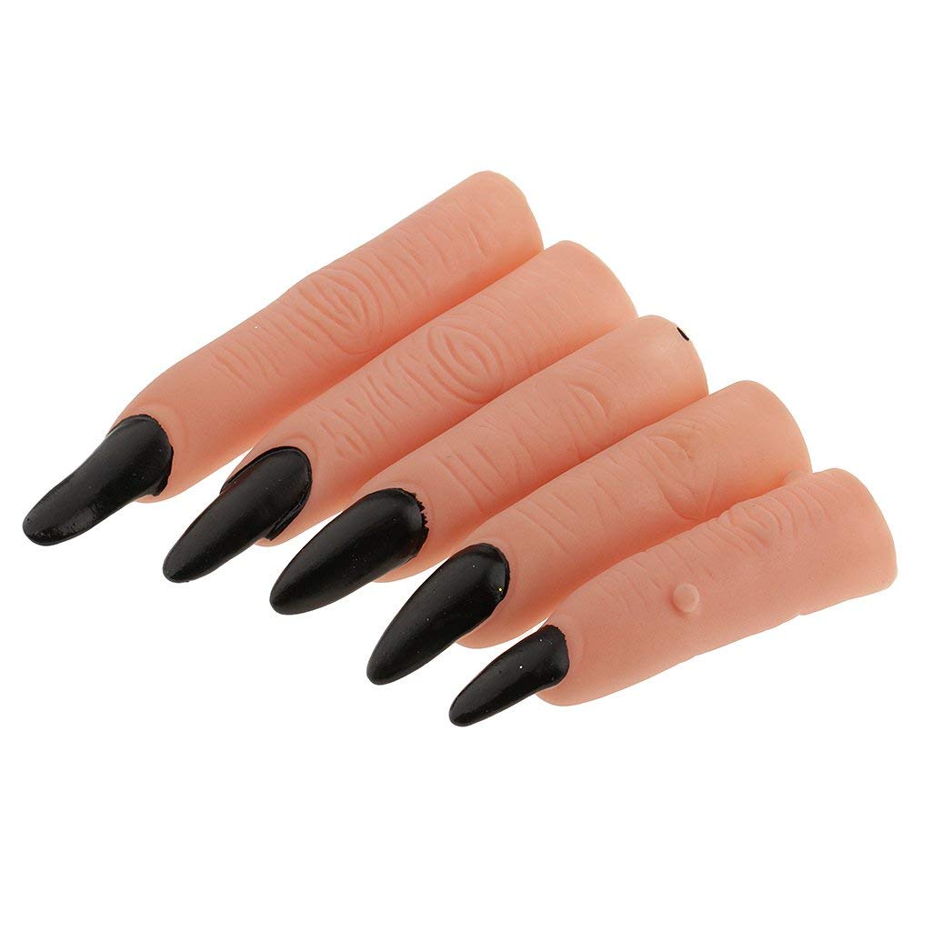 5pcs Fake Witch Nails - Halloween Zombie Ghost Monster Finger Claws for Costume Party, Cosplay & Scary Makeup - Black Halloween Nails for Witch, Vampire & Horror Theme Parties
