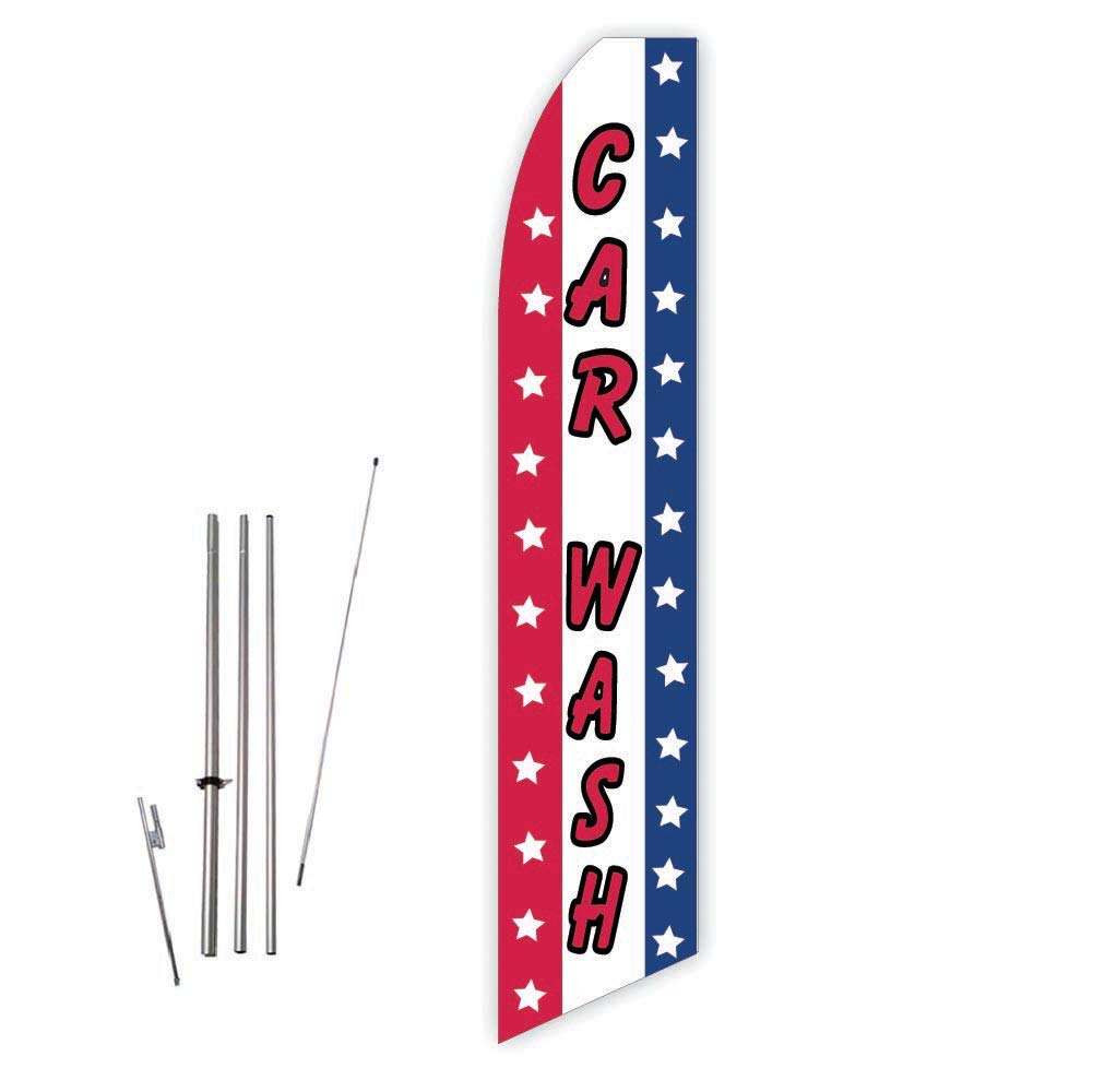 Patriotic Car Wash Feather Flag with 15ft Pole Set & Ground Spike - Perfect for Auto Detailing Business, Car Wash Events & Patriotic Celebrations
