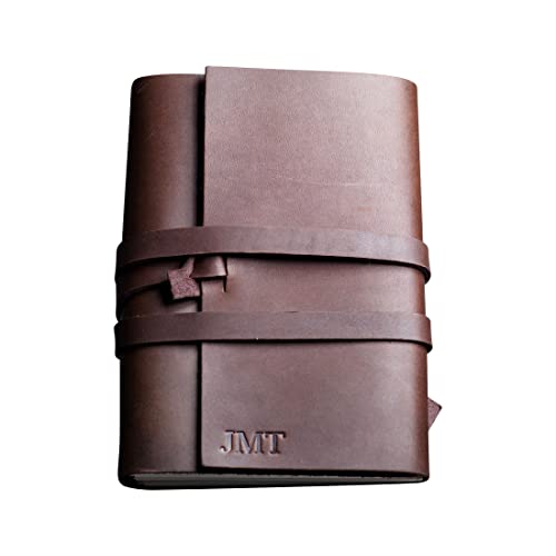 Ox & Pine Personalized Wrapped Leather Journal - Refillable Full Grain Leather Notebook with 4 Kraft Paper Inserts - Dark Brown 6x8