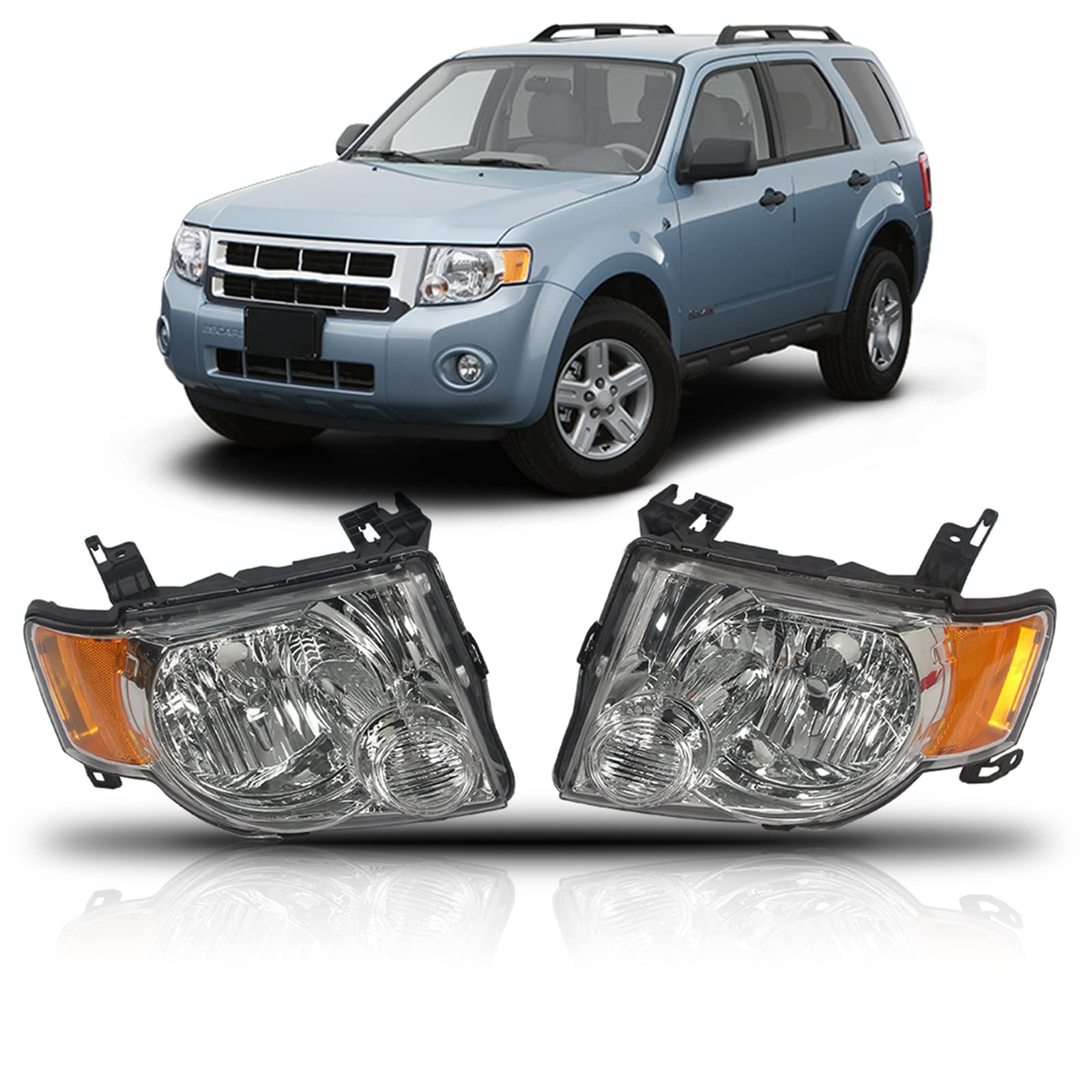 JX Racing Headlights for 2008-2012 Ford Escape - Chrome Amber Pair (RH+LH) - Off-Road & Night Driving
