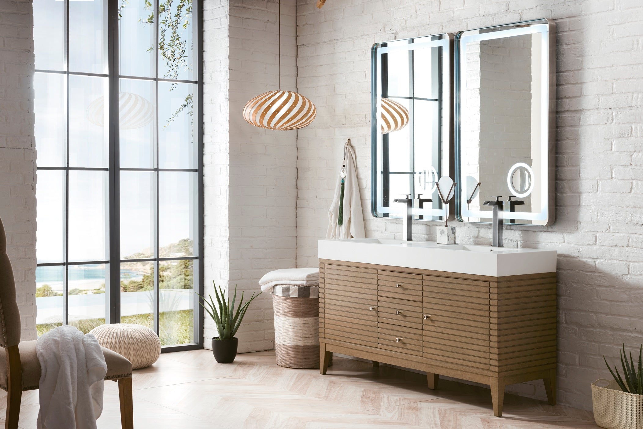59-Inch Linear Double Vanity with Whitewashed Walnut Base & Glossy White Composite Top - Perfect for Modern Bathroom Renovations and Master Suite Upgrades