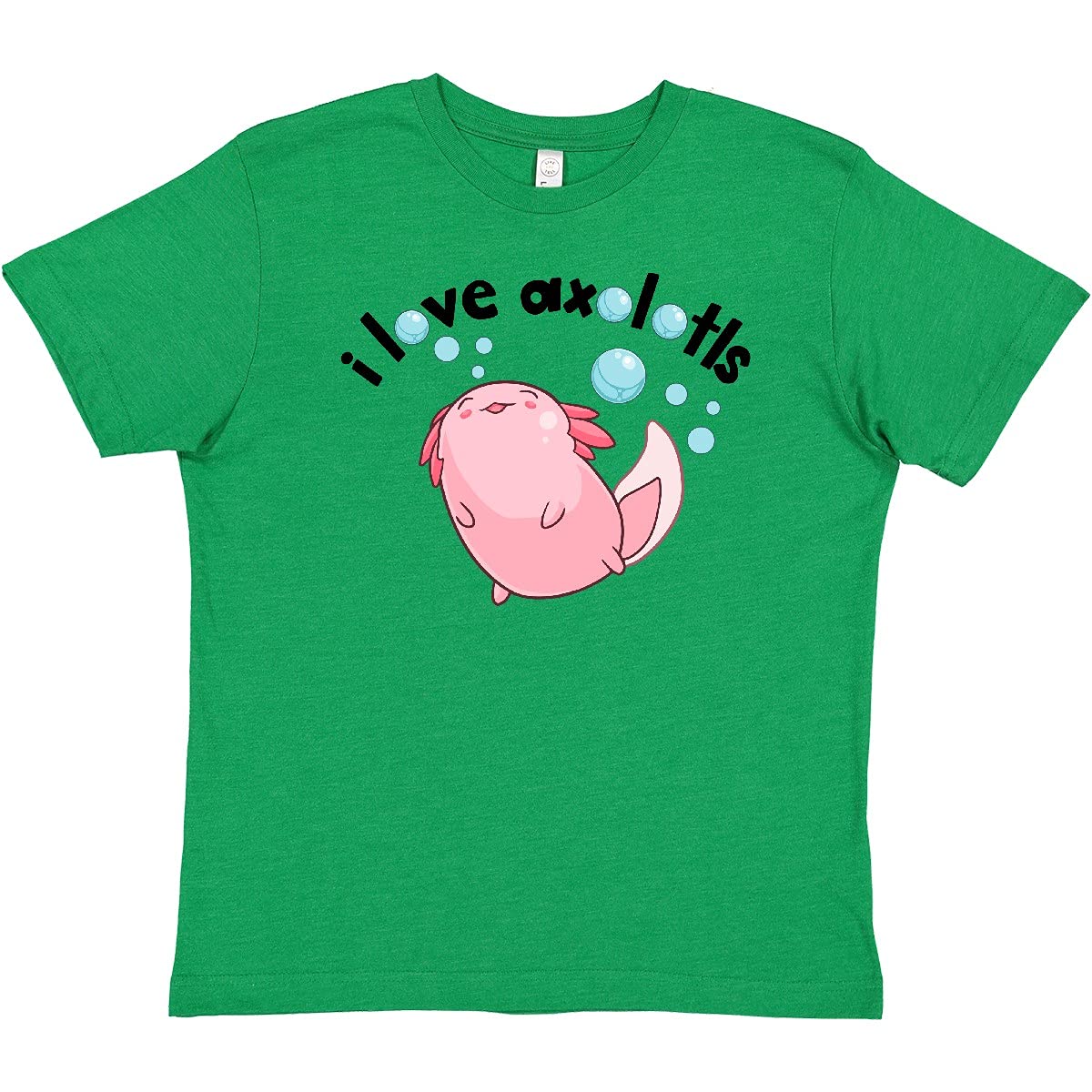 Inktastic I Love Axolotls with Bubbles Youth T-Shirt - Cute Axolotl Graphic Tee for Kids - Soft Cotton Casual Shirt for School, Playdates & Animal Lovers