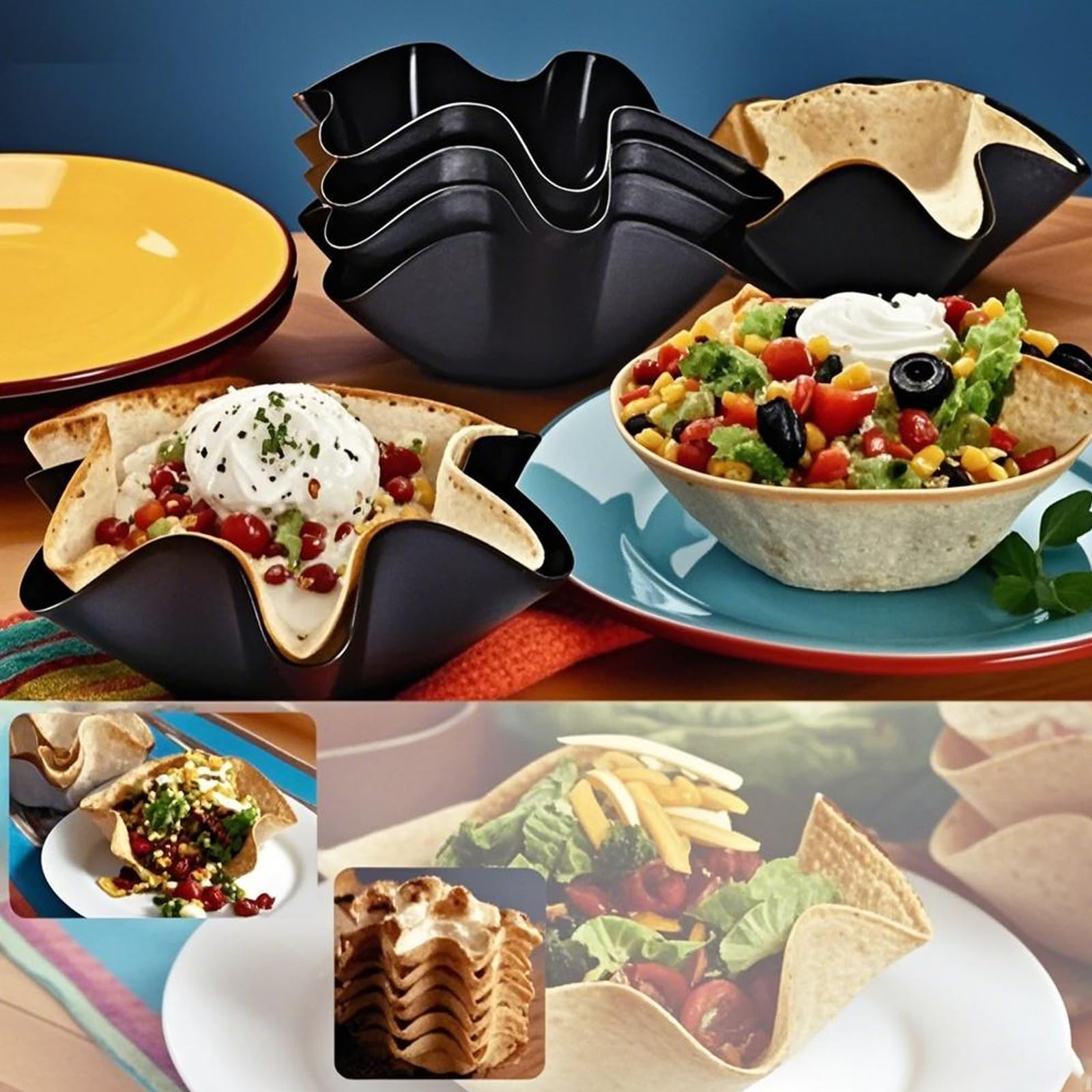 JEUIHAU 14-Piece 7-Inch Tortilla Bowl Maker Set - Taco Salad Shell Mold & Petal-Shaped Tortilla Pans - Perfect for Making Taco Bowls, Salads, Dips & Party Snacks - Ideal for Mexican Cuisine, Family Gatherings & Restaurant Use - Black