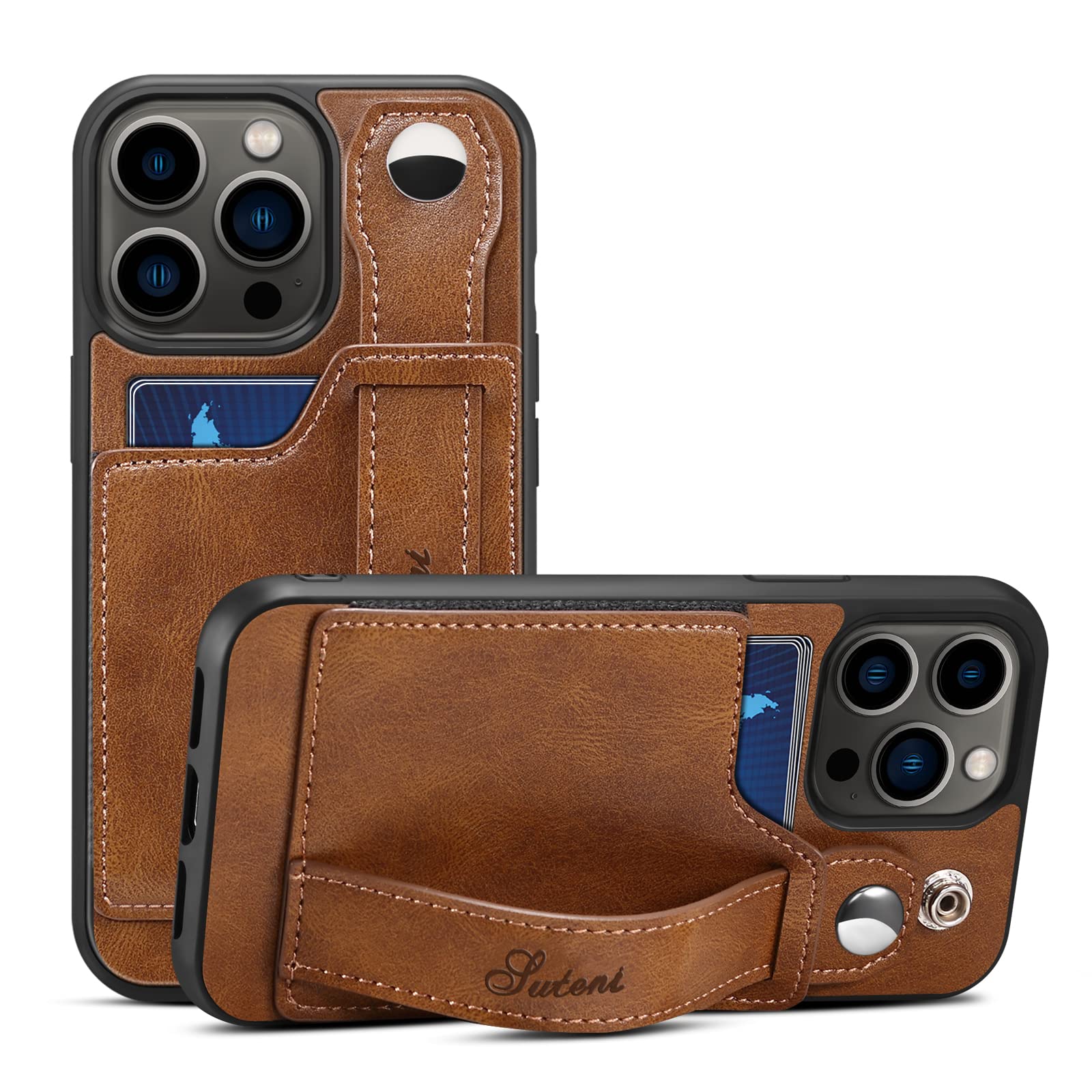 Premium PU Leather Wallet Case for iPhone 13 Pro (6.1 inch 2021) - Magnetic Clasp, Elastic Card Slots, Kickstand & Hand Strap | Protective Cover in Brown | Perfect for Daily Use, Travel & Business Meetings