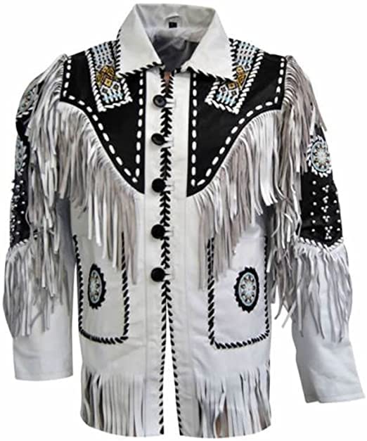 Men's Western Cowboy Shirt - Buckskin Suede Leather with Fringe & Native Beaded Work (White, XS-5XL) - Perfect for Rodeo, Country Music Festivals & Western-Themed Events