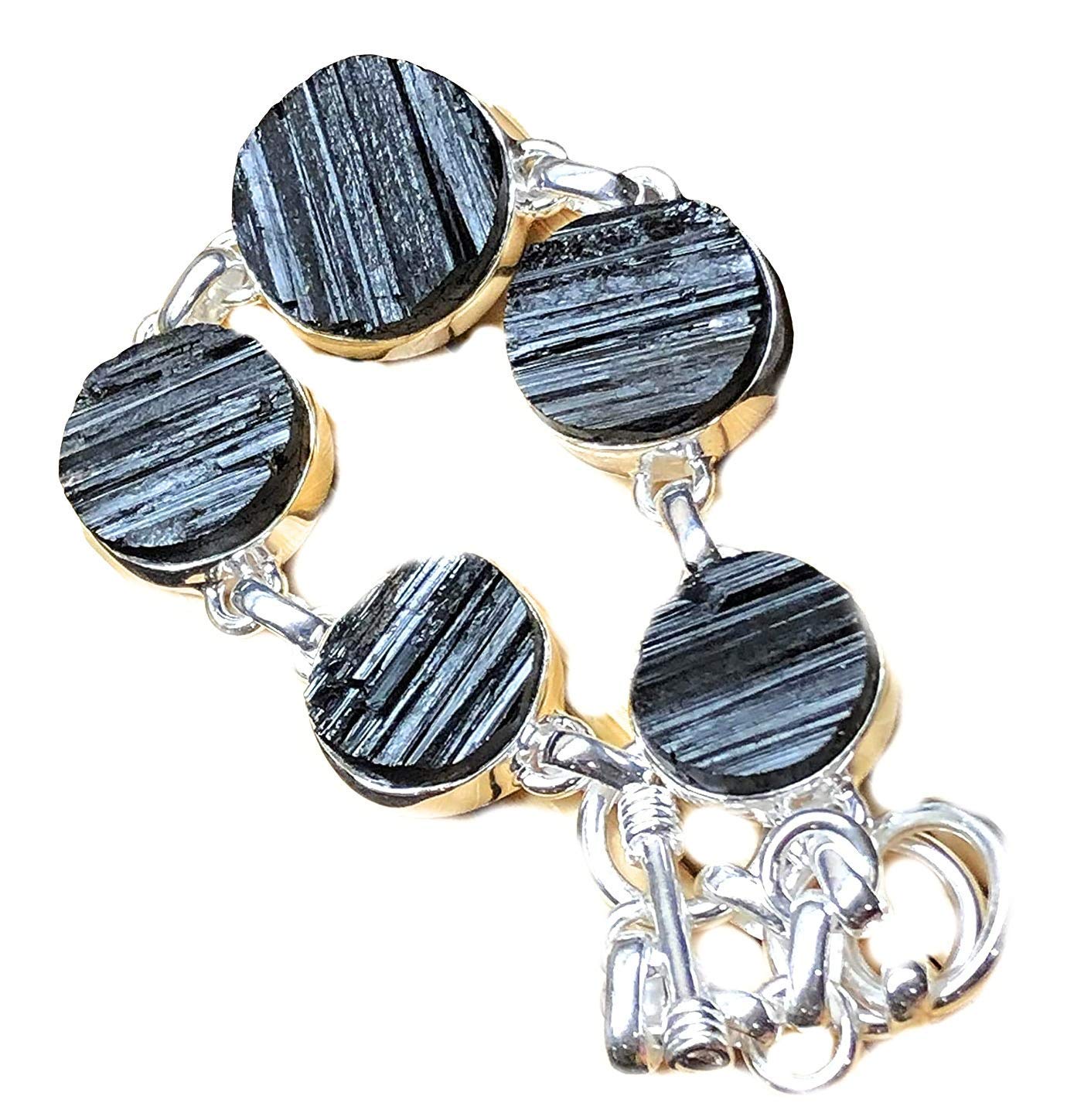 Natural Black Tourmaline Bracelet - 925 Sterling Silver Adjustable 7