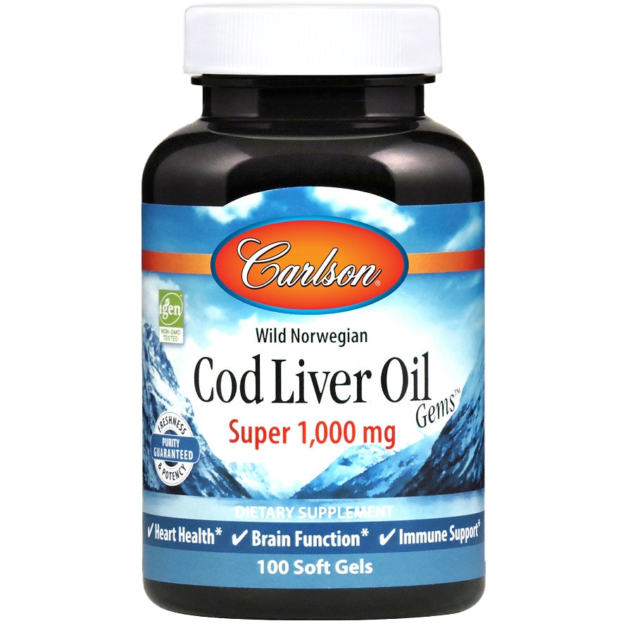 Carlson Labs Wild Norwegian Cod Liver Oil Gems 1000mg - 100 Softgels for Heart, Brain & Immune Health - Supports Joint & Bone Strength - Perfect for Daily Wellness Routine