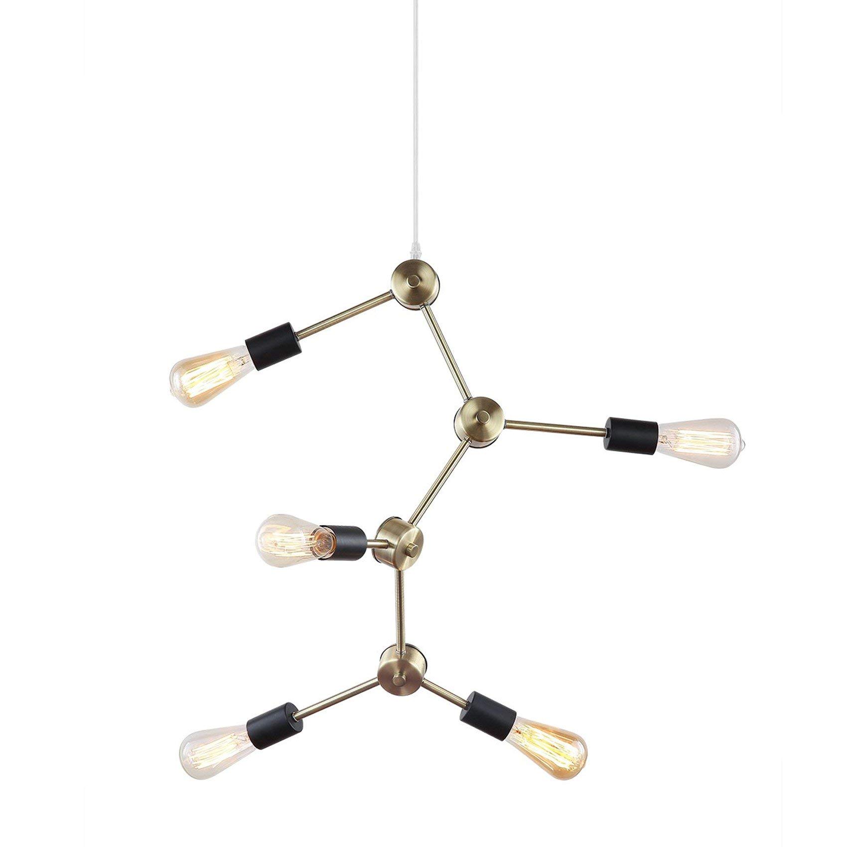 Vintage Mid Century Modern 5-Light Brass Pendant Chandelier - Industrial Style Lighting for Dining Room, Kitchen Island & Living Room Decor