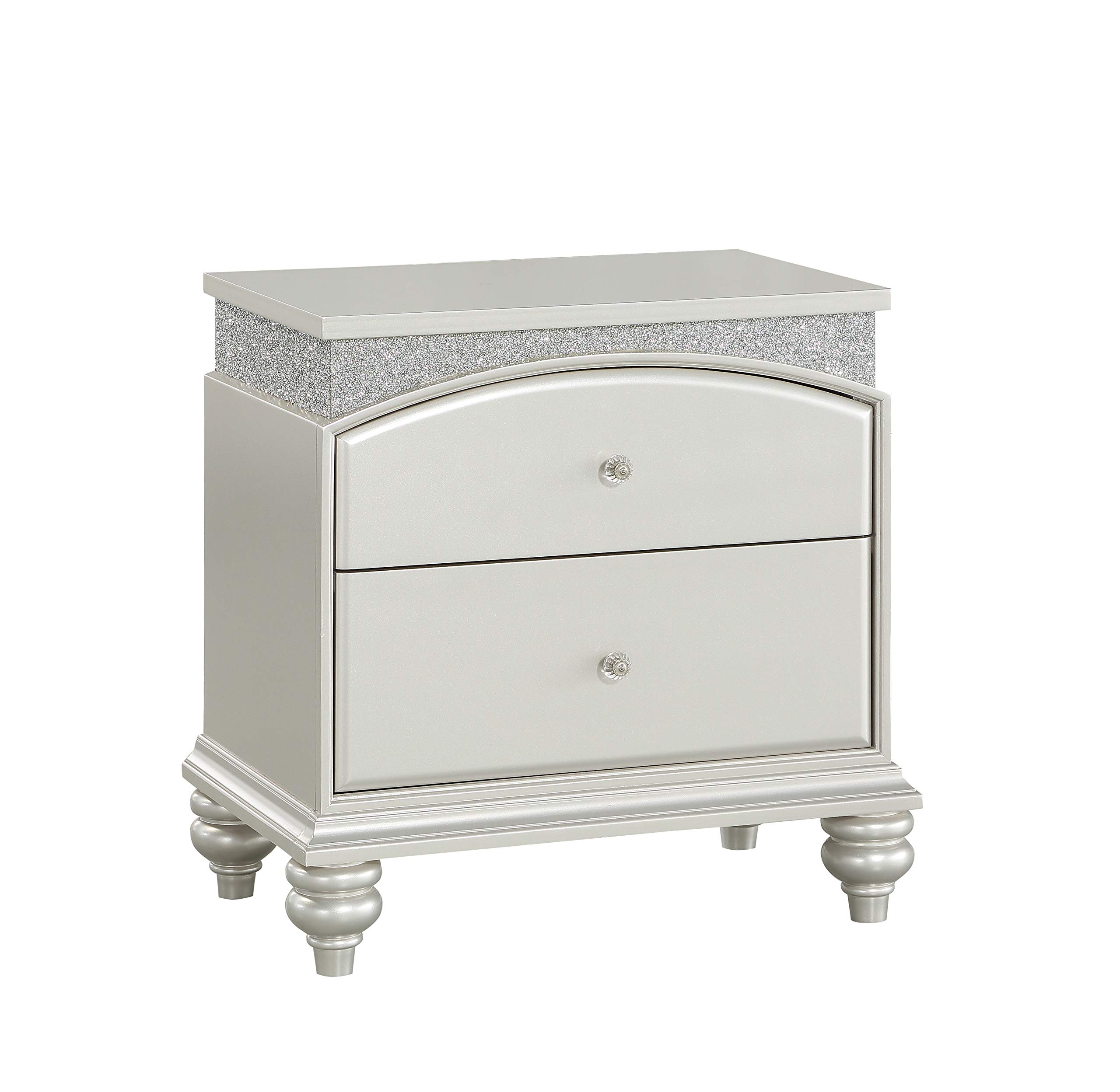 Benjara Silver Modern 2-Drawer Wooden Nightstand with Rhinestone Inlays - Stylish Bedside Table for Bedroom Decor