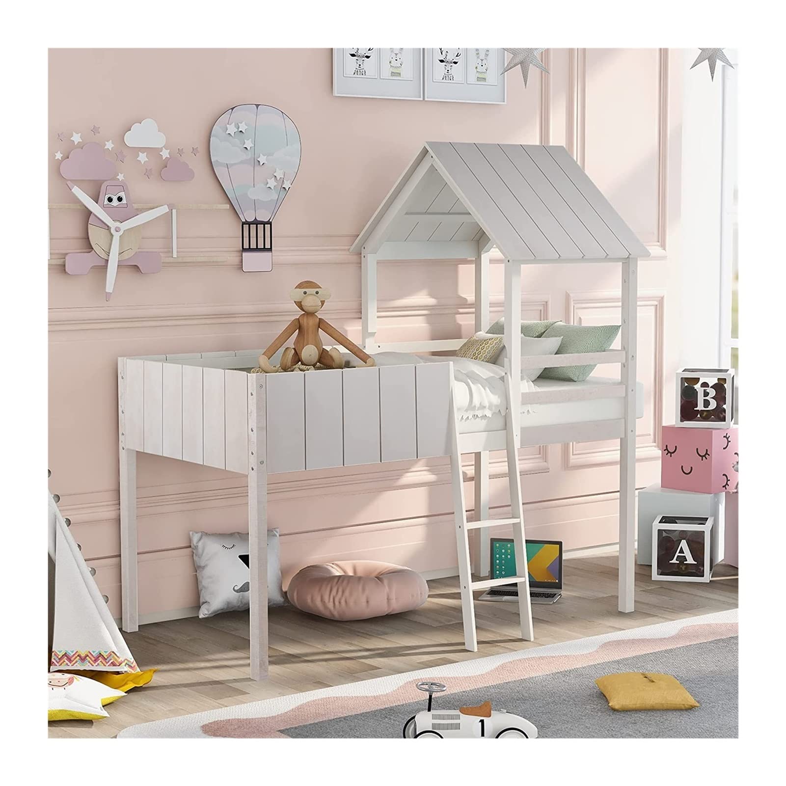 LDDYHD Twin Size Wood Loft Bed with Roof, Guardrail & Ladder - Sturdy House Bed Frame, No Box Spring Needed (Wash White) - Perfect for Kids' Bedrooms, Small Spaces & Play Areas