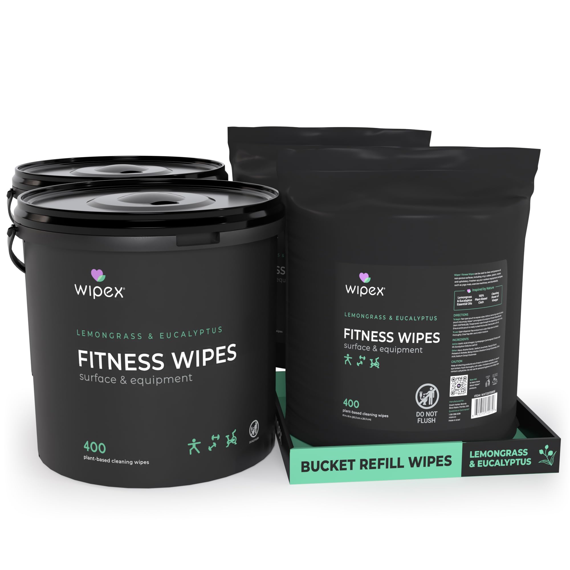 **Wipex Gym Wipes for Equipment – 1600 Plant-Based Fitness Wipes (2 Lemongrass & Eucalyptus Buckets + 2 Refill Rolls) – Clean Gym Machines, Dumbbells, Yoga Mats & More – 400 Count (Pack of 4)**