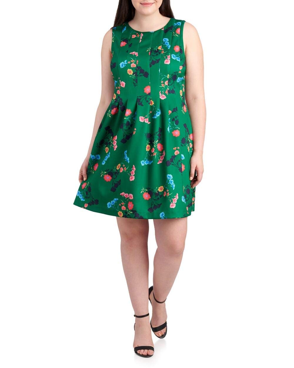 Vince Camuto Women's Plus Size Floral Scuba Knit Fit & Flare Sleeveless Dress with Side Pockets - Green | Casual Summer Dress for Beach, Party & Office Wear