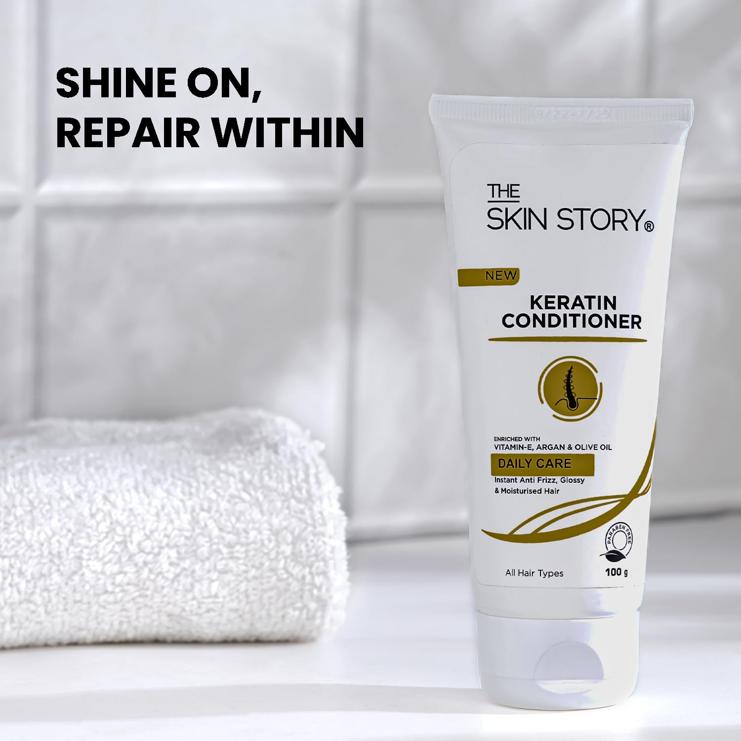 The Skin Story Keratin Hair Conditioner - Sulfate & Paraben Free, Enriched with Vitamin E, Argan Oil & Olive Oil for Smooth, Frizz-Free Hair | Repairs Split Ends & Damaged Hair | Shine Boosting Formula for Women & Men | 100g | Perfect for Daily Hair Care & Salon-Quality Results at Home