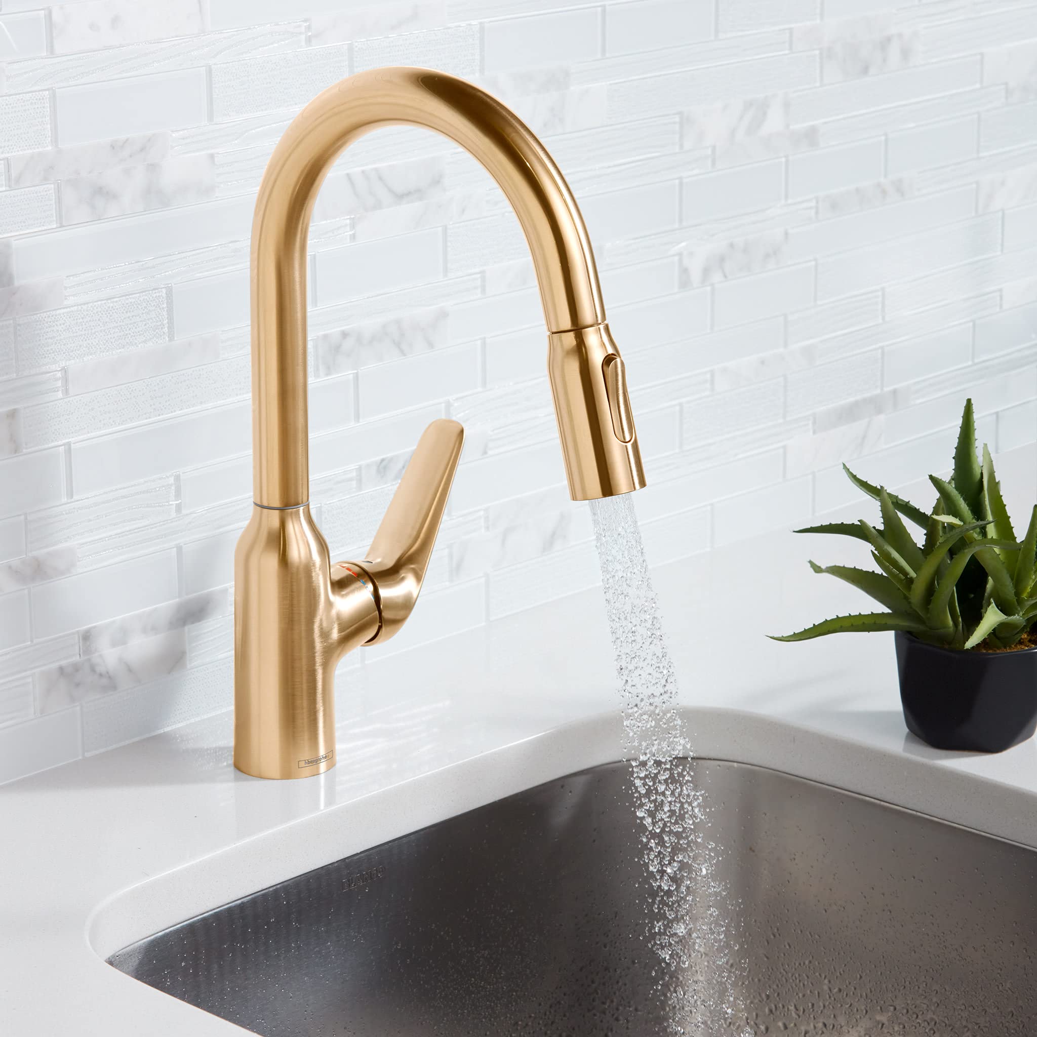 Hansgrohe Focus N Gold Bar Kitchen Faucet with Pull Down Sprayer - Brushed Gold Finish (Model 71801251) - Perfect for Modern Kitchens, Bar Sinks & Food Prep Stations