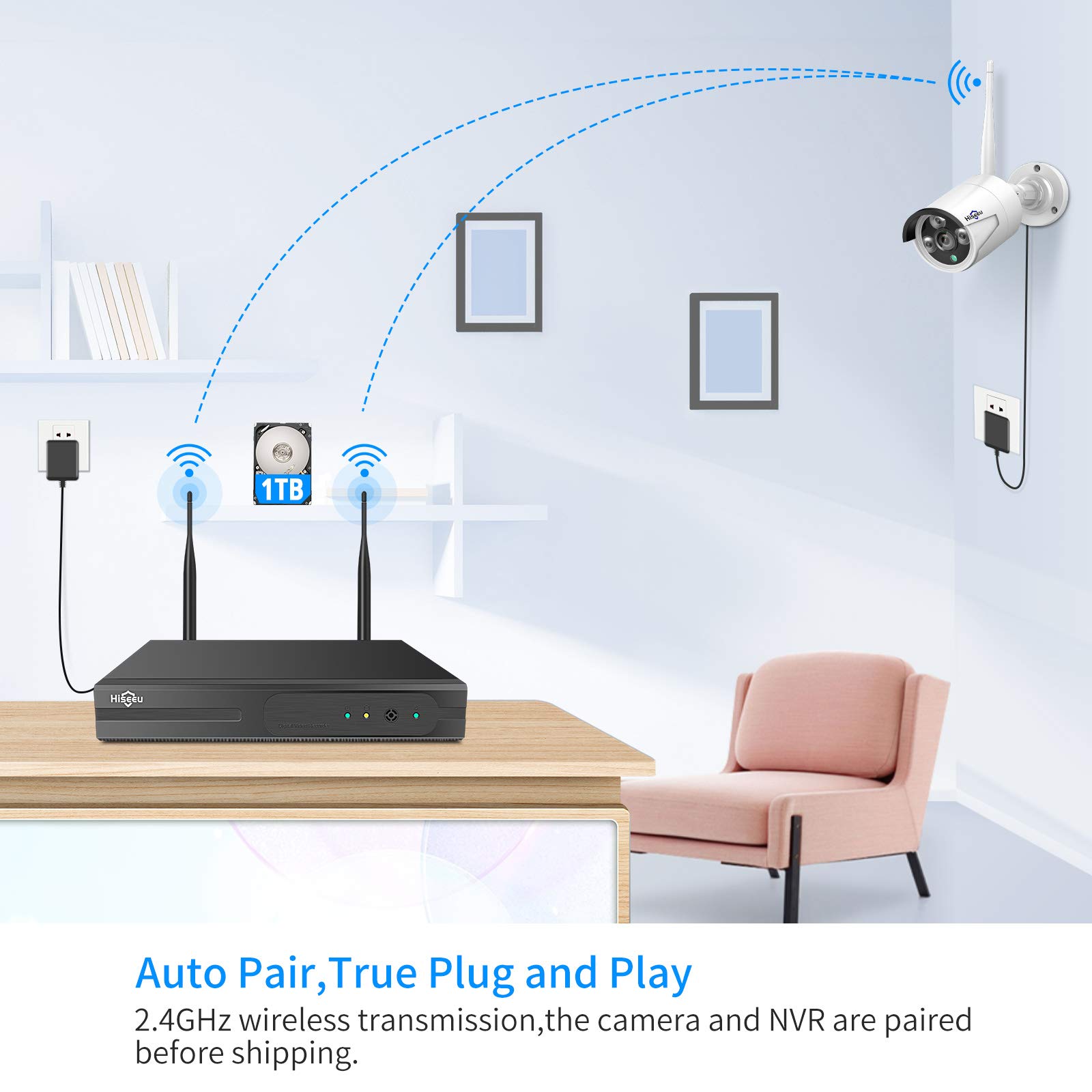 Hiseeu 500GB 5MP Wireless Security Camera System with One-Way Audio - 4 Pack Outdoor/Indoor WiFi Surveillance Cameras, HD Video, Night Vision, Weatherproof, Motion Detection, DC12V Power Cord - Ideal for Home Security, Business Monitoring & Baby/Pet Watching