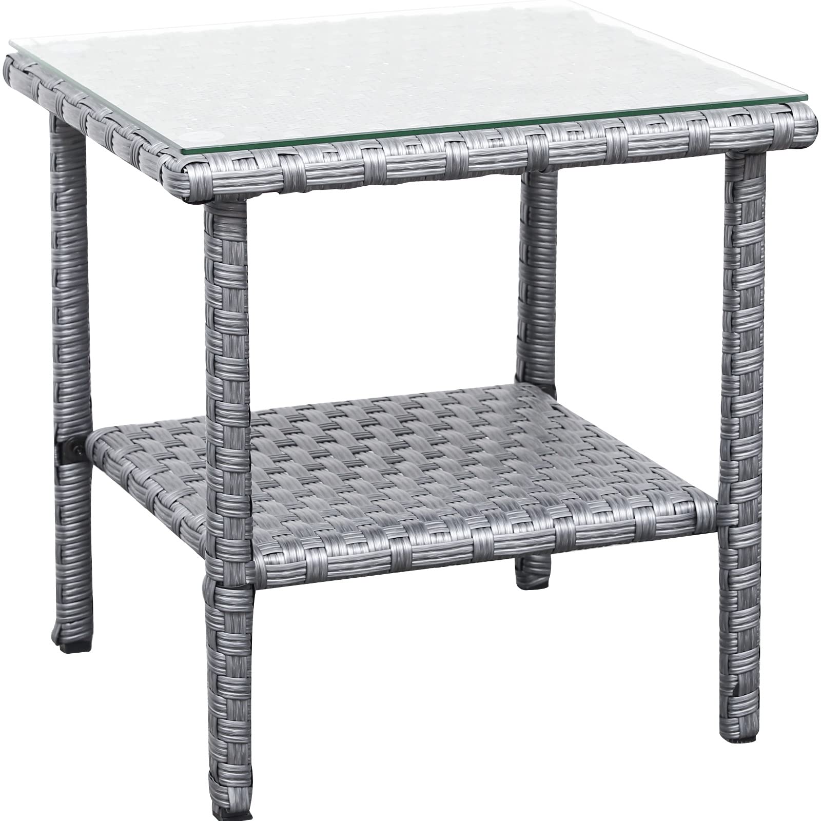Outdoor Wicker Glass Top Side Table with Storage - Grey Rattan Square Patio End Table for Garden, Balcony & Poolside Decor