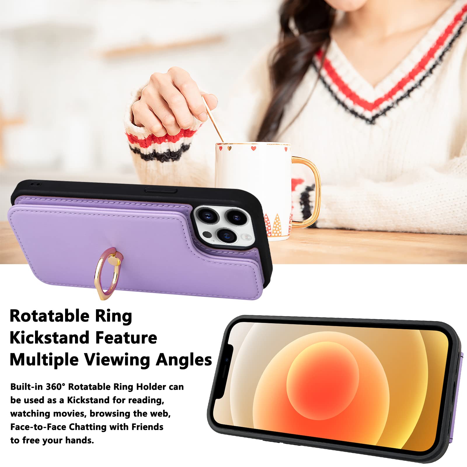 TopPerfekt iPhone 12/12 Pro Wallet Case with Card Holder & 360° Rotating Finger Ring Stand - RFID Blocking PU Leather Protective Flip Cover with Kickstand (6.1