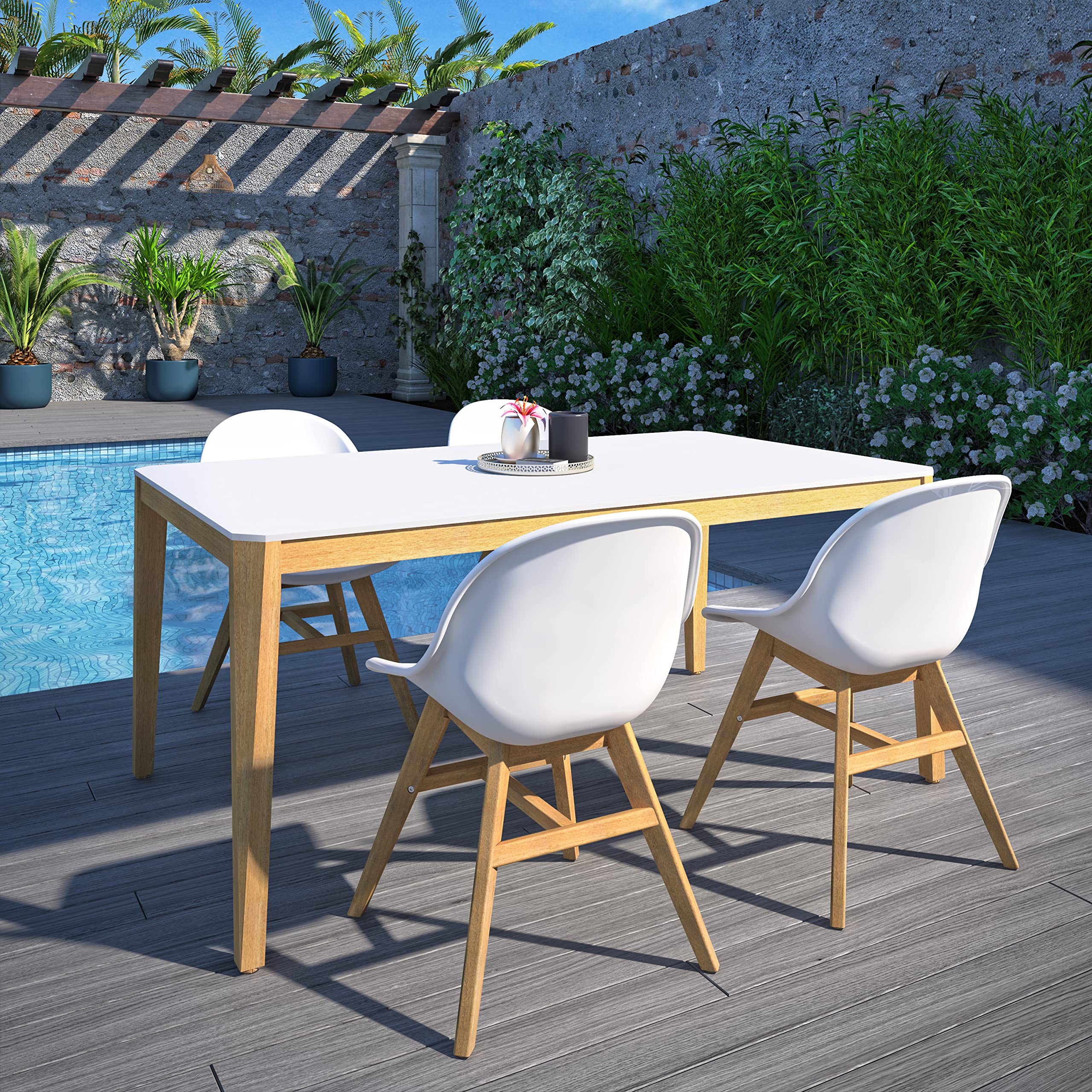 Urban Elements Eugène 5-Piece Patio Dining Set - FSC Certified Eucalyptus Wood with Teak Finish - Outdoor Backyard Furniture Set with Rectangular Table & Side Chairs (White) - Perfect for Garden, Deck, Poolside & Alfresco Dining