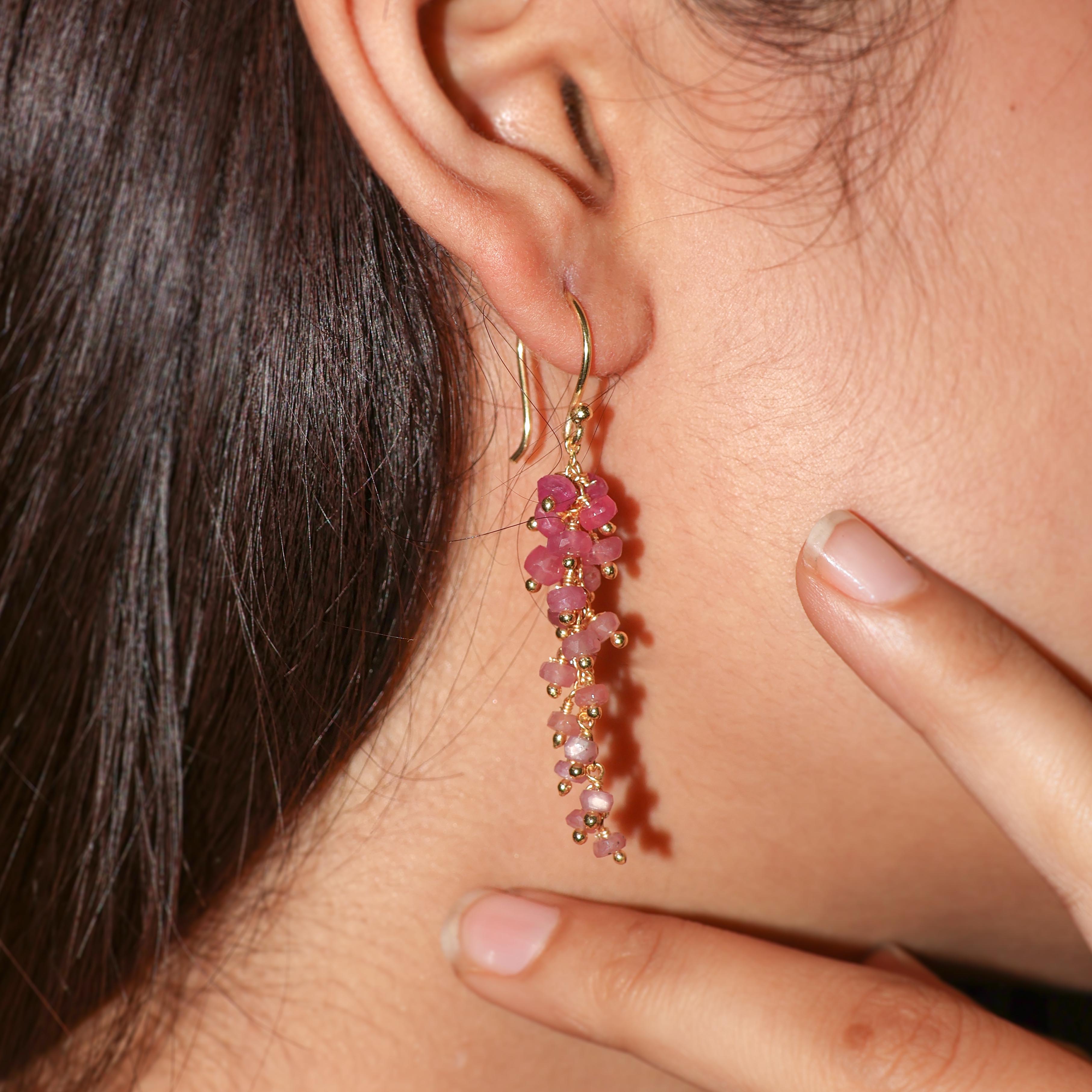 Natural Ruby Beaded Long Cluster Dangle Earrings for Women - Handmade Gemstone Jewelry for Party, Wedding & Special Occasions