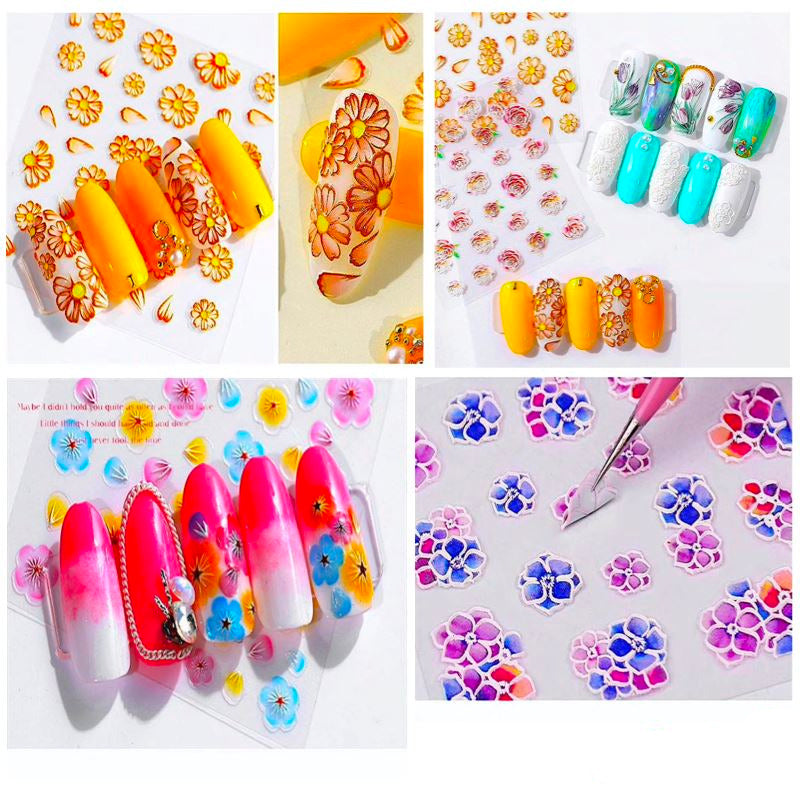 5D Embossed Flower Nail Art Stickers - DIY Nail Decals for Women, Self-Adhesive Nail Stickers for Gel & Acrylic Nails - Perfect for Parties, Weddings, and Special Occasions