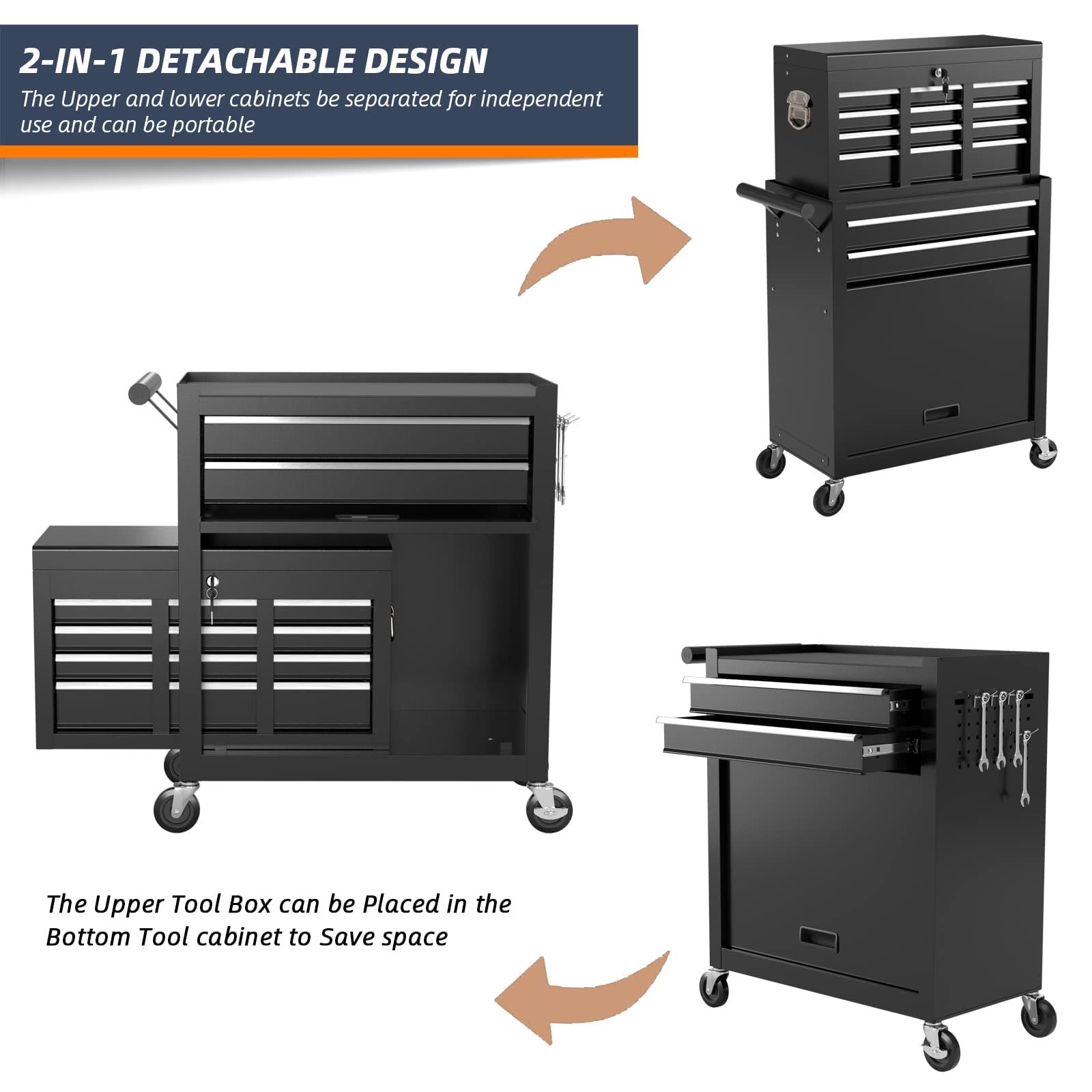 8-Drawer Heavy Duty Rolling Tool Chest with Lock - High Capacity Mobile Tool Storage Cabinet for Mechanics, Garage & Workshop - Removable Drawers & Wheels for Easy Organization (Black) - Perfect for Auto Repair, DIY Projects & Professional Tool Storage