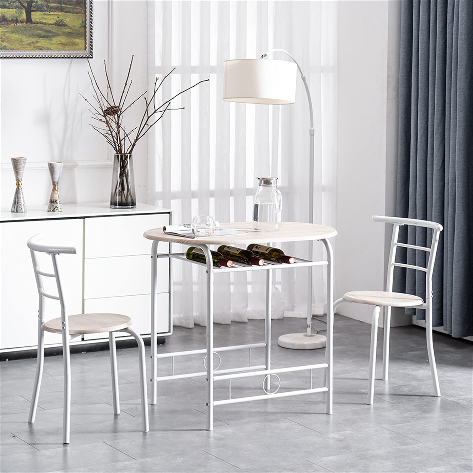 Compact Round Kitchen Dining Table Set for 2 - 3 Piece Small Space Breakfast Nook with Chairs & Wine Rack - Perfect for Apartments, Studios & Cozy Homes (White) | Space-Saving Solution for Morning Coffee, Intimate Dinners & Small Gatherings