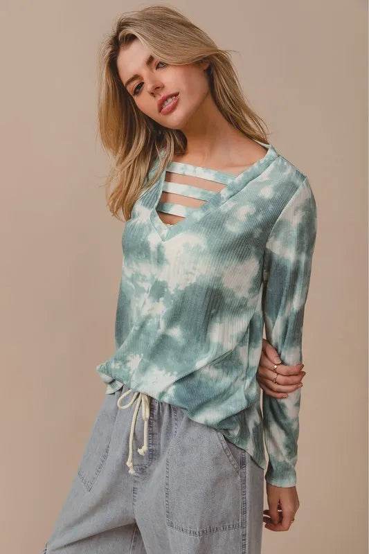 Bibi Variegated Tie Dye Rib V Neck Top With Straps in Dusty Sage Multi - Stylish Boho Chic Blouse for Women, Perfect for Summer Festivals, Beach Vacations & Casual Outings