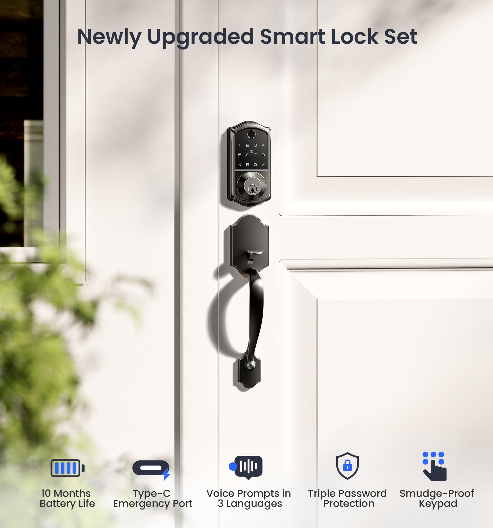 Veise Smart Front Door Lock with Fingerprint, Keyless Entry & App Control - Auto Locking, Digital Touchscreen Keypad, Emergency Power Port - Easy Install Matte Black for Home Security & Smart Access