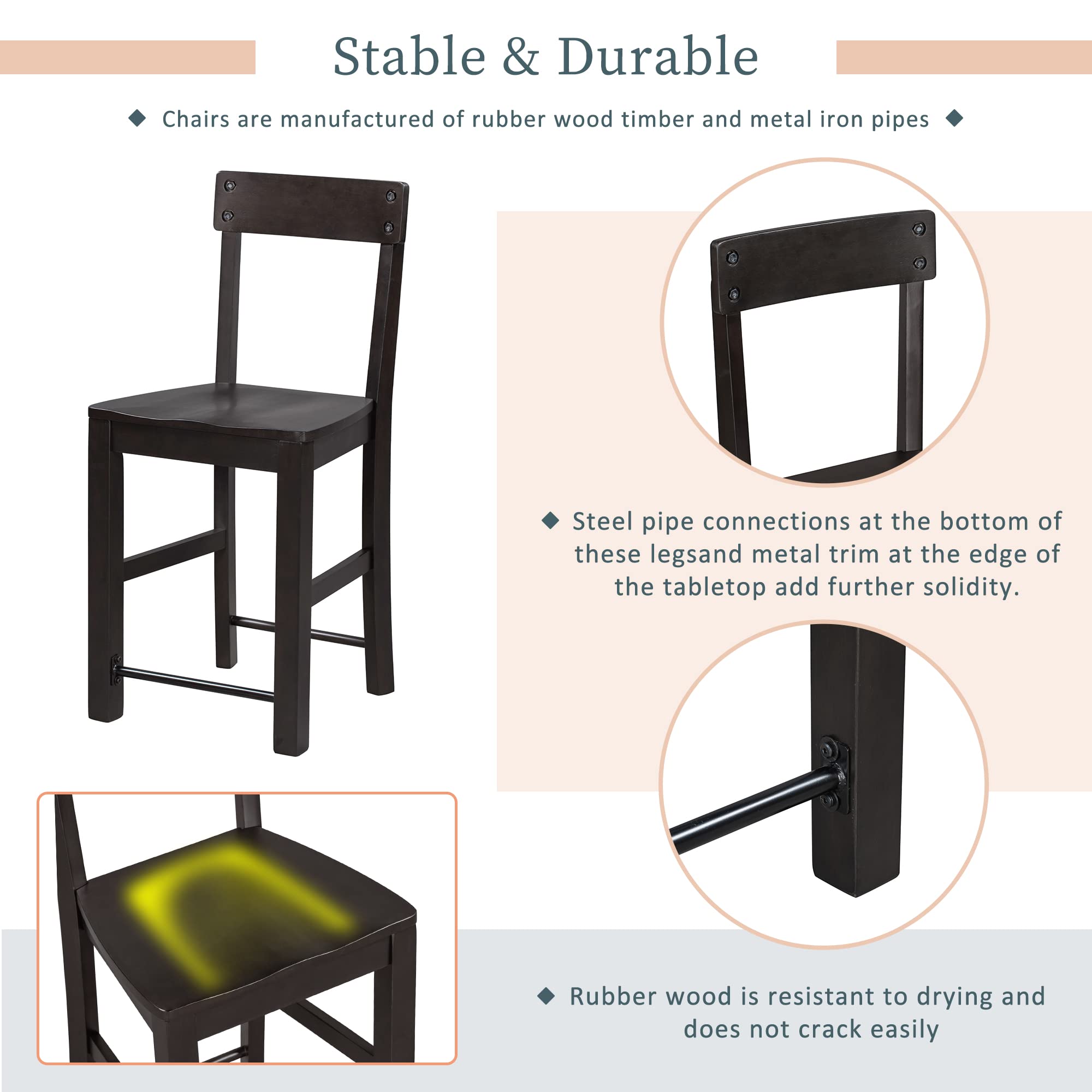 Farmhouse 5-Piece Counter Height Dining Set - Industrial Solid Wood & Metal Kitchen Table with 4 High Back Chairs - Space Saving Design (Espresso) - Perfect for Small Kitchens, Breakfast Nooks & Modern Farmhouse Dining Rooms