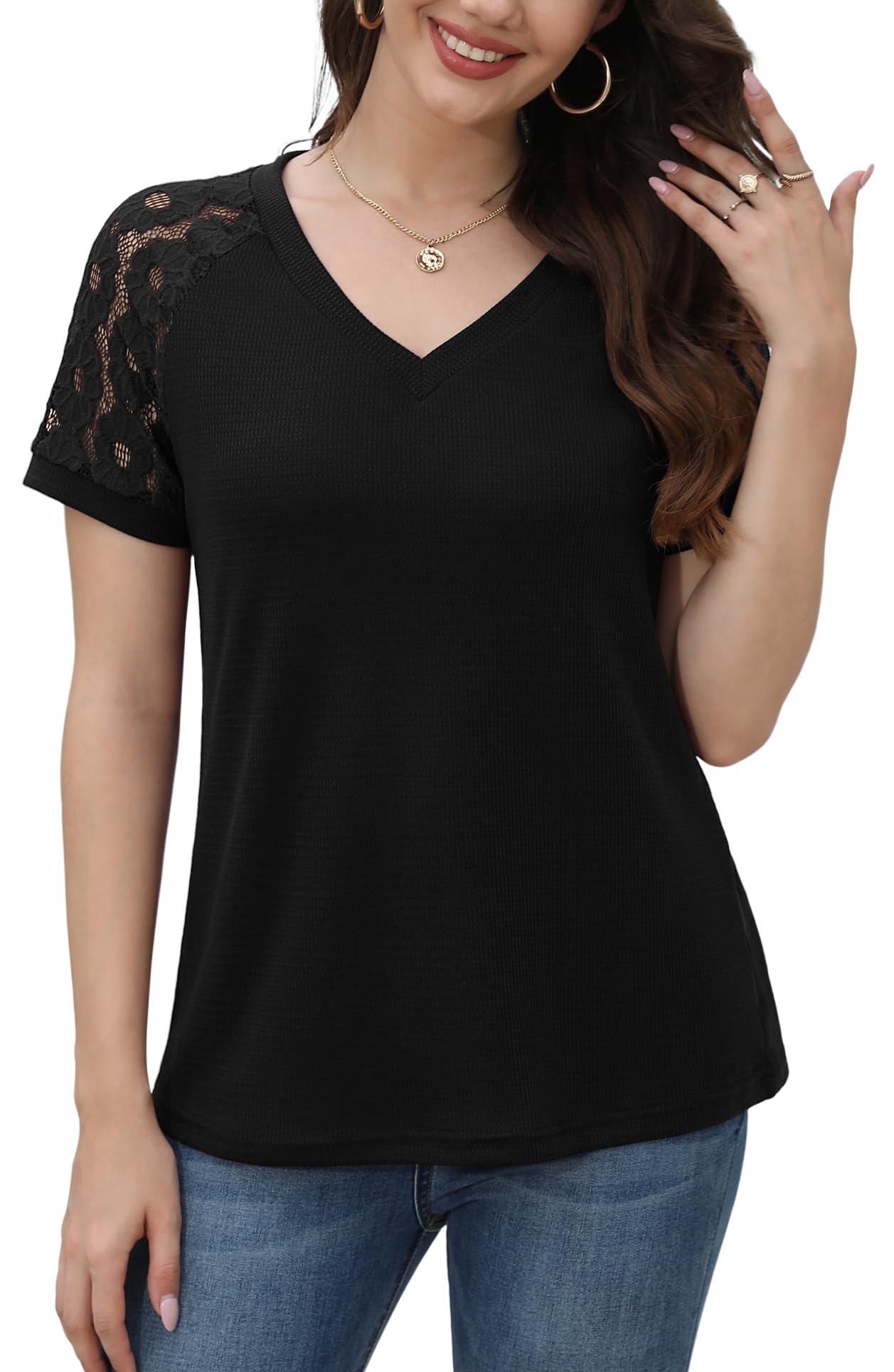 Jouica Women's Summer Lace Short Sleeve V-Neck Blouse - Loose Casual Waffle Knit Top for Beach, Date Night & Office Wear