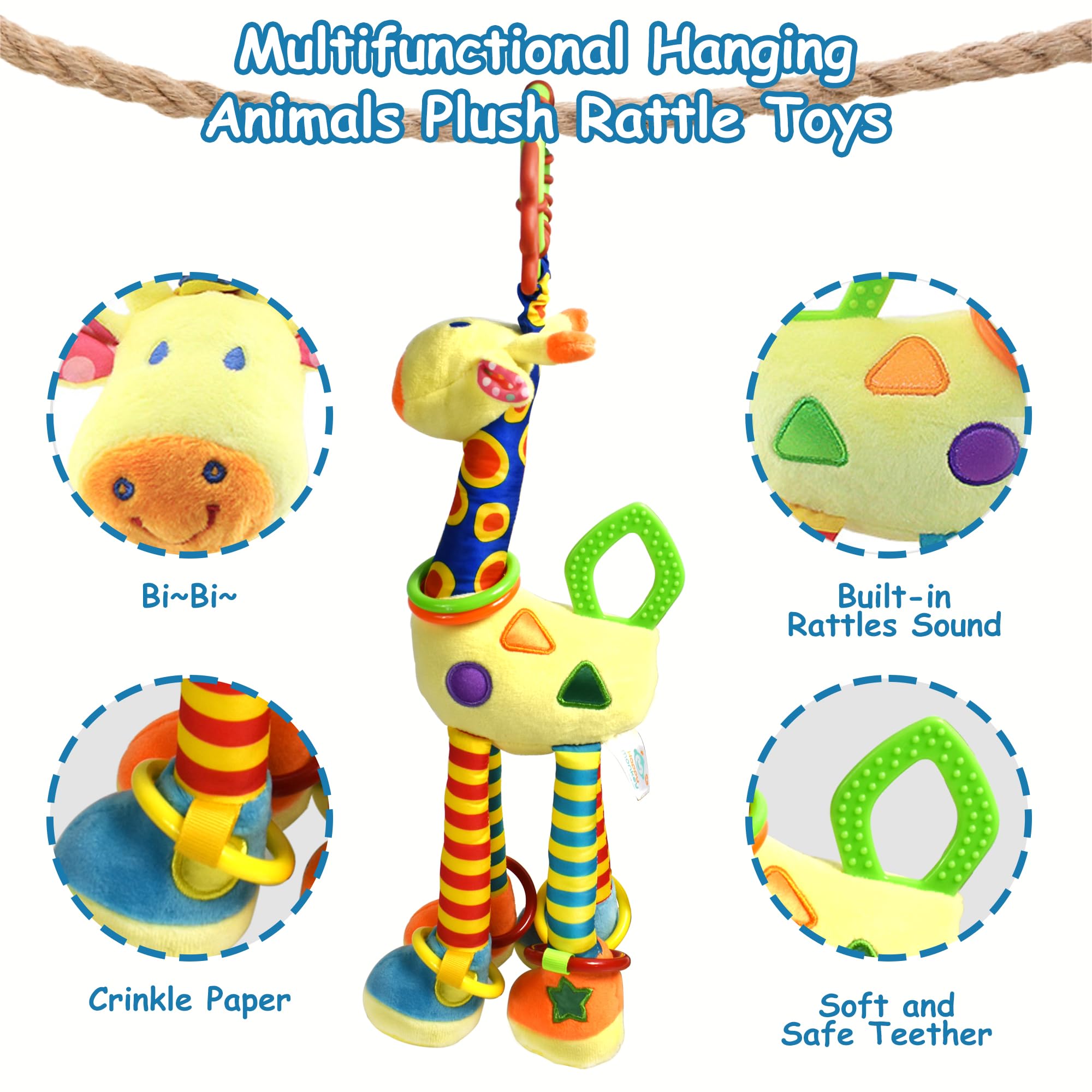 **Soft Giraffe Hanging Rattle Toy - 15 Inch Crinkle & Squeaky Baby Activity Toy for Stroller, Car Seat & Crib - Perfect Gift for Newborns & Infants 0-12 Months - Stimulate Senses & Encourage Play**    *(Use Case: Ideal for keeping babies entertained during car rides, stroller walks, or crib playtime while promoting sensory development.)*