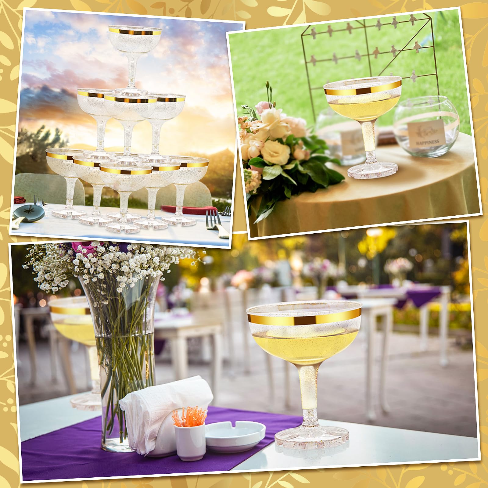 50 Pcs 5 oz Gold Plastic Champagne Coupe Glasses - Unbreakable Acrylic Martini Glasses for Parties, Weddings & Events - Disposable & Elegant Drinkware for Celebrations, Cocktail Receptions & Toasts