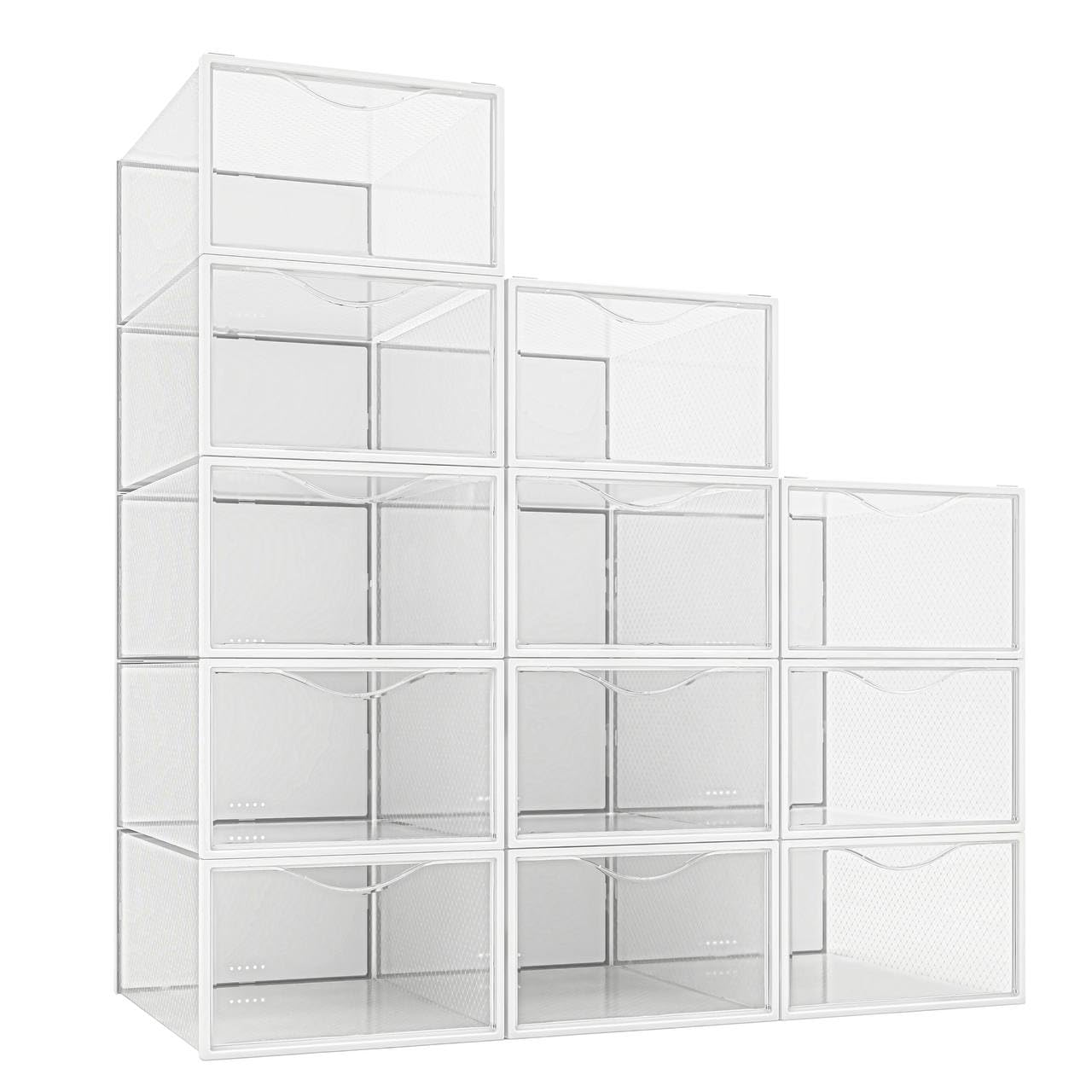 12 Pack Clear Plastic Stackable Shoe Storage Bins - Foldable Shoe Organizer for Closet & Sneaker Holder | Space Saving Shoe Box Container for Home, Office & Dorm Organization