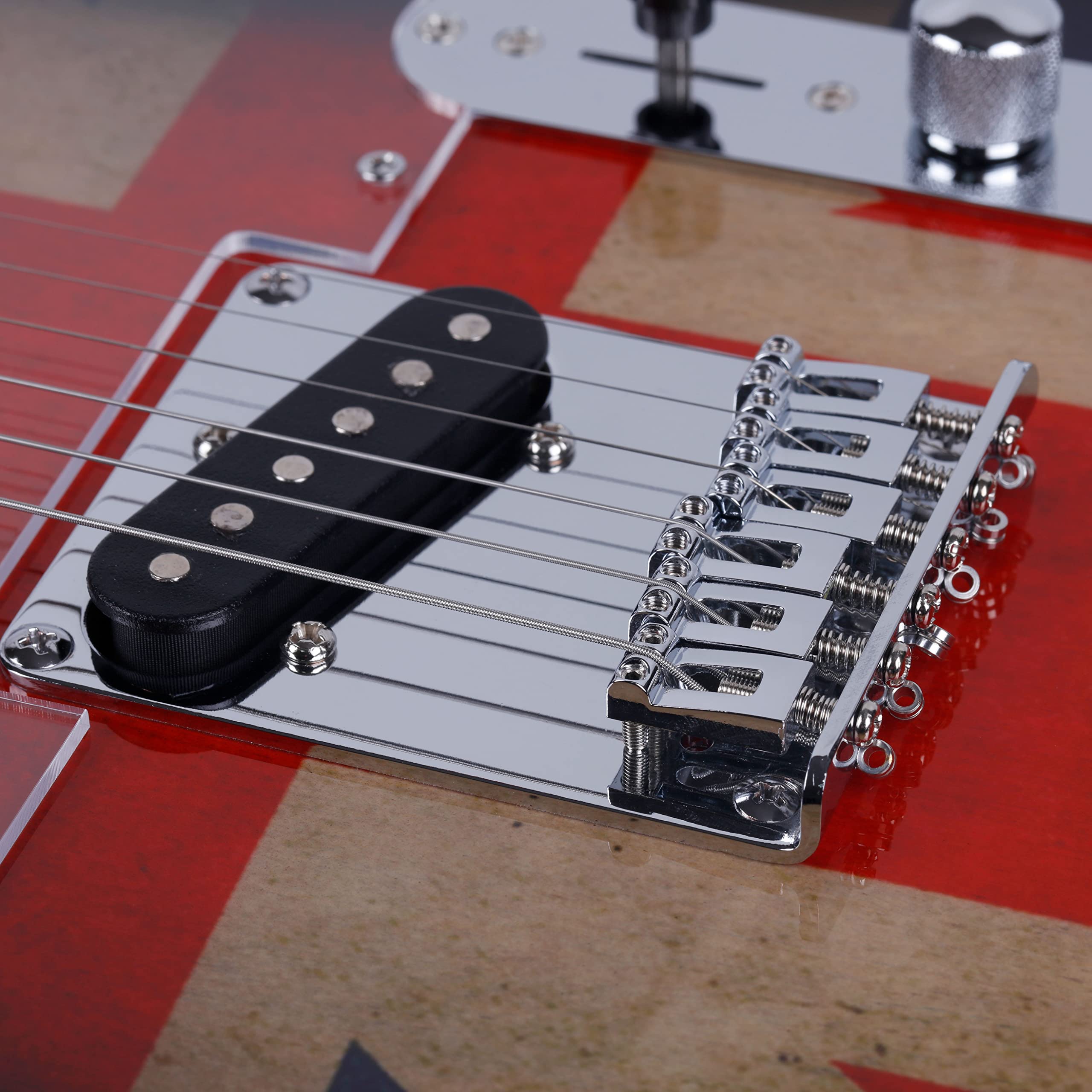 Leo Jaymz TL Style Electric Guitar with UK Flag Sticker - Premium High Gloss Mahogany Body & Hard Maple Neck - Clear Acrylic Pickguard - Perfect for Rock, Blues & Stage Performances