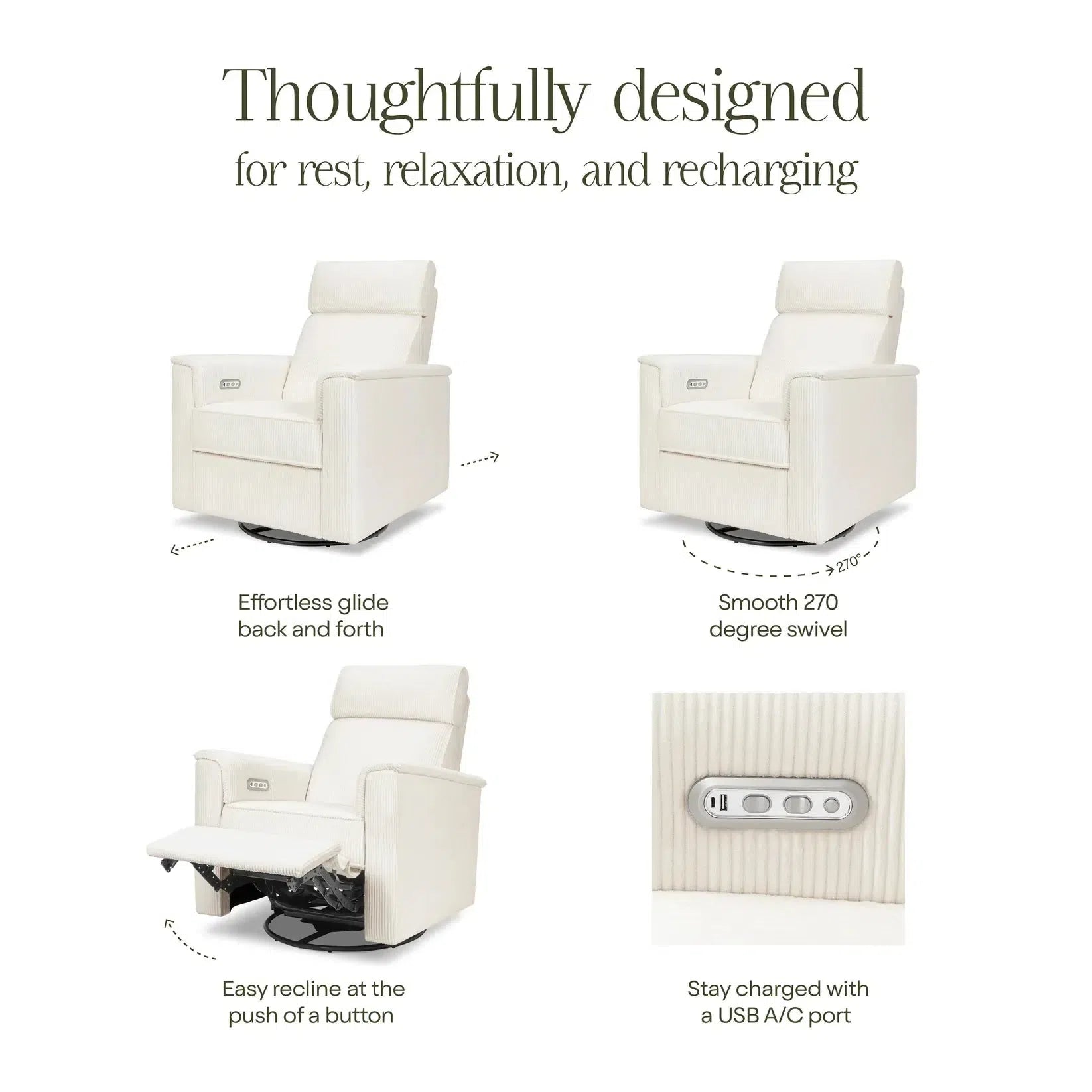 Monogram by Namesake Willa Power Recliner with Adjustable Headrest - Ivory Corduroy Upholstery | Exclusive Modern Living Room Furniture for Home Theater & Relaxation