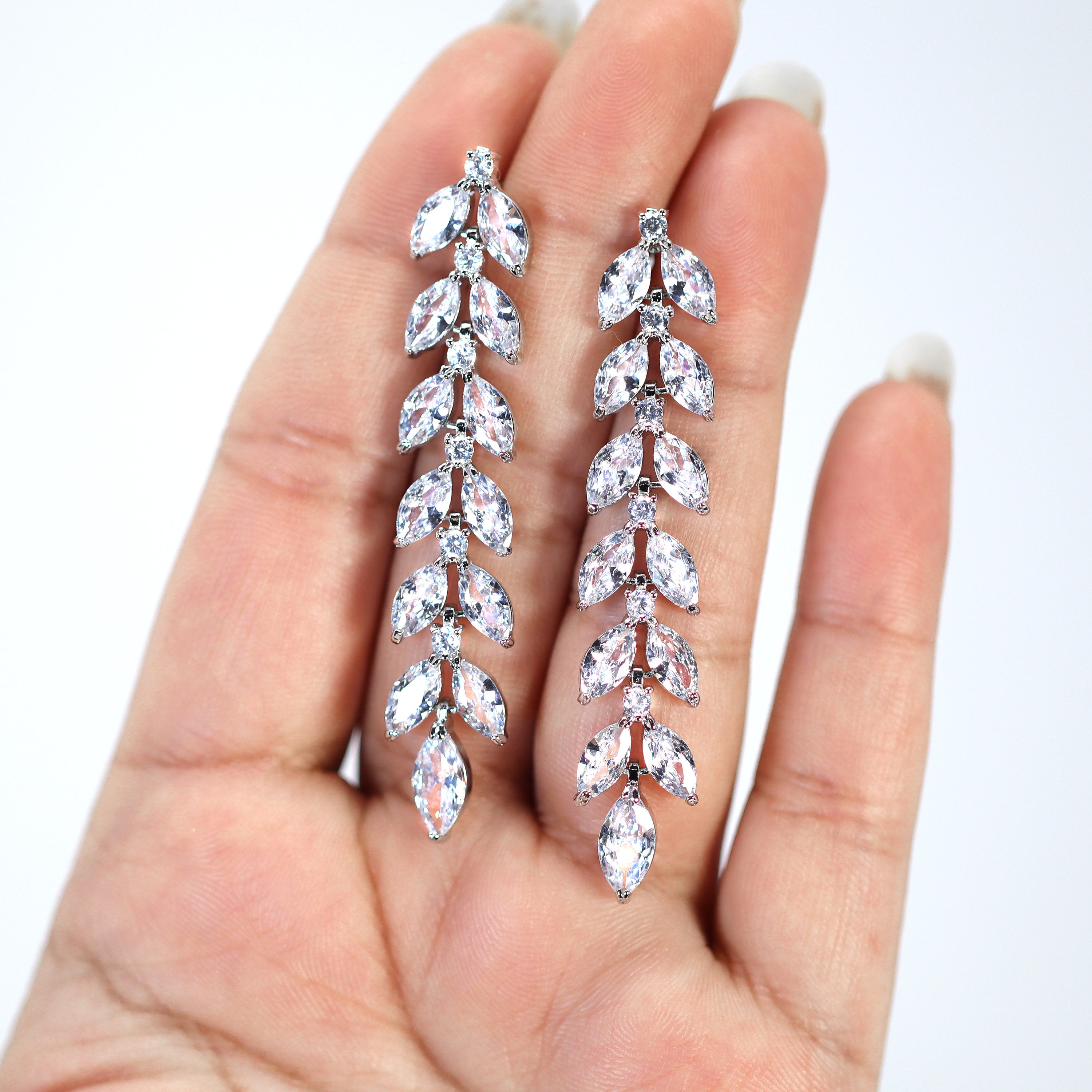 Swarovski Crystal Mystical Leaves Drop Diamond Earrings - Elegant Long Bridal Jewelry for Weddings, Parties & Special Occasions | Crystal Statement Earrings with CZ Stones