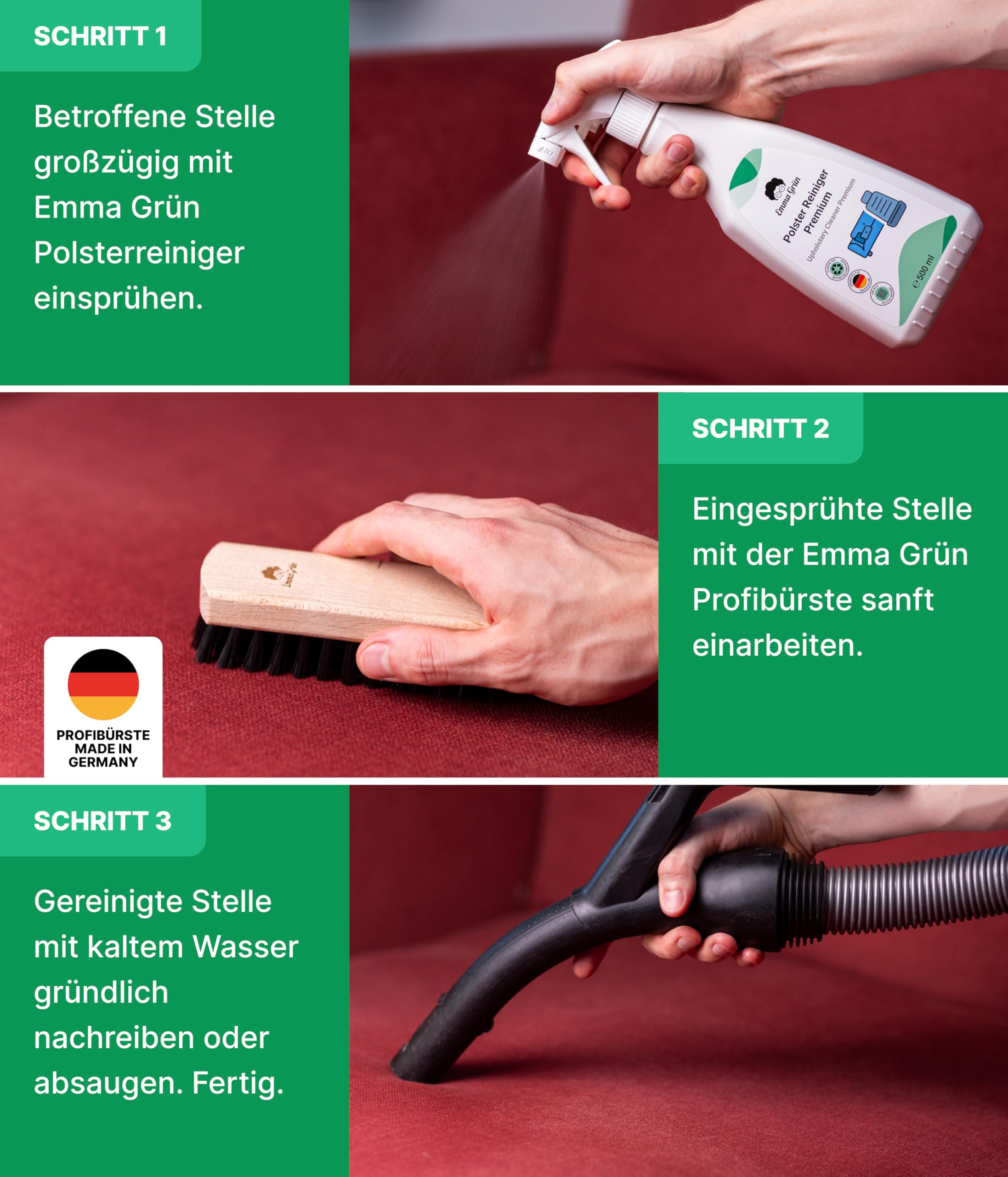 Emma Grün® Upholstery Cleaner for Sofa, Couch & Car Seats 500ml [Includes Upholstery Brush] - Eco-Friendly & Odor Eliminator - Car Interior Cleaner - Made in Germany - Perfect for Deep Cleaning Furniture, Removing Stains & Refreshing Vehicle Upholstery
