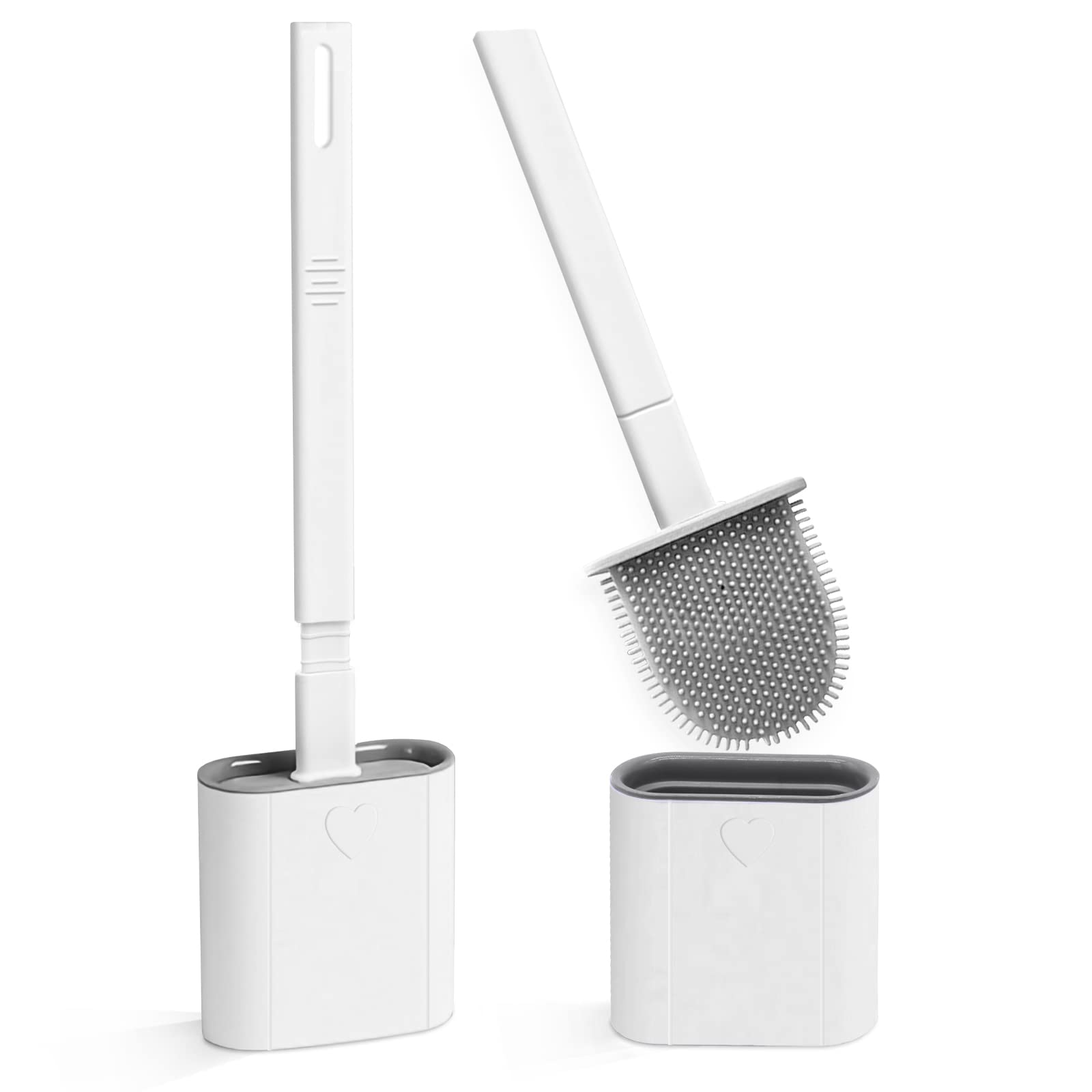 2-Pack Silicone Toilet Brush Set with No-Slip Handle & Anti-Drip Base - Soft Flexible Bristles for Deep Cleaning - Bathroom Essentials for Home, Apartment, RV & Office Use (White)