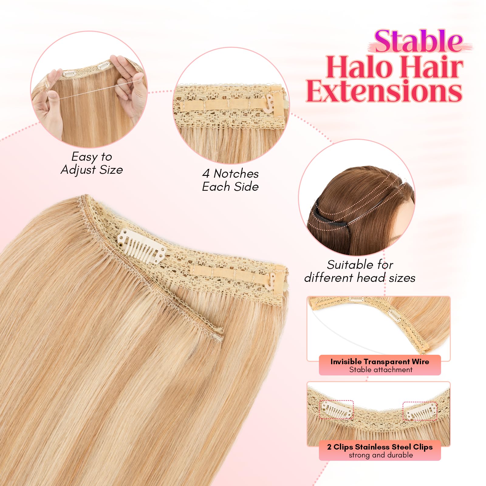 Rich Choices 100% Real Human Hair Halo Extensions - 22 Inch Invisible Wire Remy Hair Extensions for Women (Ash Blonde Highlight Bleach Blonde) | Perfect for Weddings, Parties & Daily Styling