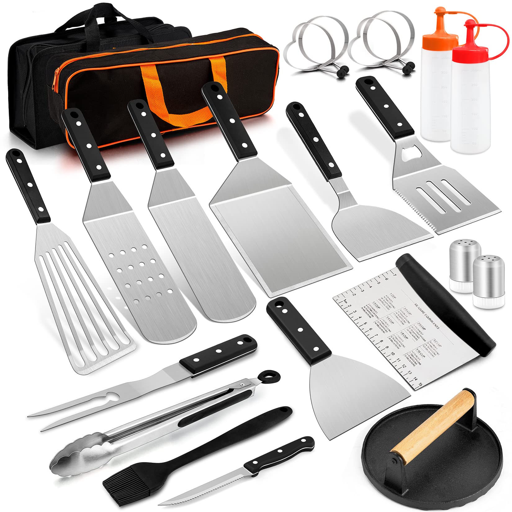 23Pcs Stainless Steel Griddle Accessories Kit - Joyfair BBQ Grilling Tool Set with Flat Top Spatulas & Cast Iron Burger Press - Perfect for Outdoor Hibachi, Teppanyaki, Camping & Backyard Cooking (ABS Handles)