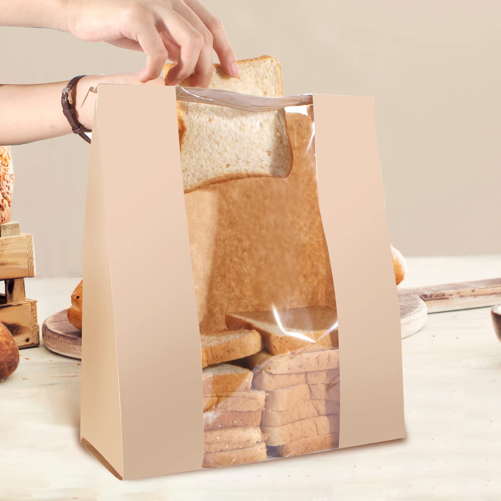 50-Pack Brown Bakery Bags with Window - 13.8 x 9.4 Inch Large Paper Bread Bags with Tin Tie Closure for Homemade Bread, Cookies, Coffee & Treats | Perfect for Bakeries, Cafés & Home Baking Gifts
