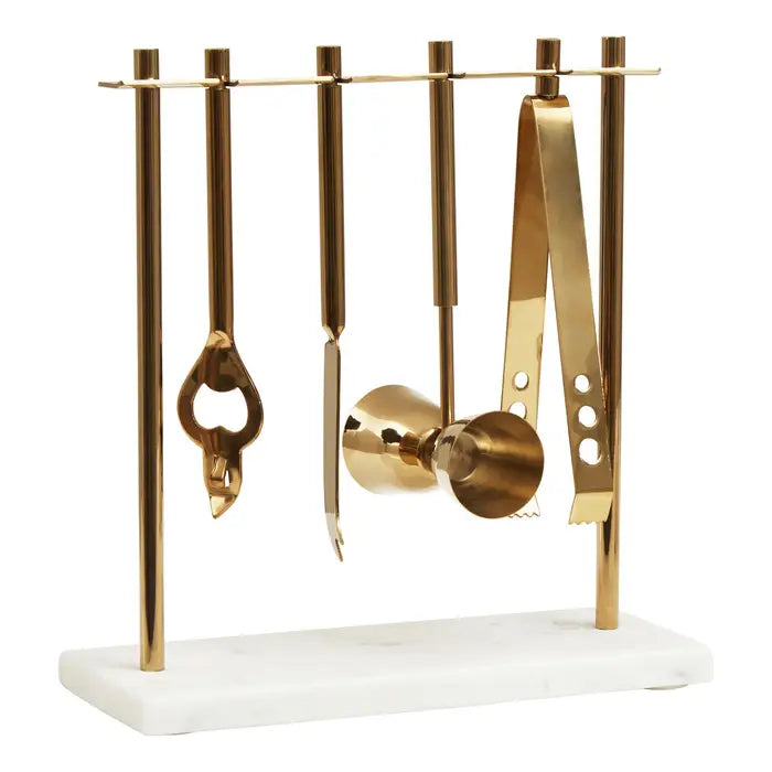 Omari Marble and Gold Finish Bar Tool Stand - Elegant Cocktail Accessories Organizer for Home Bars, Parties, and Bartending Stations
