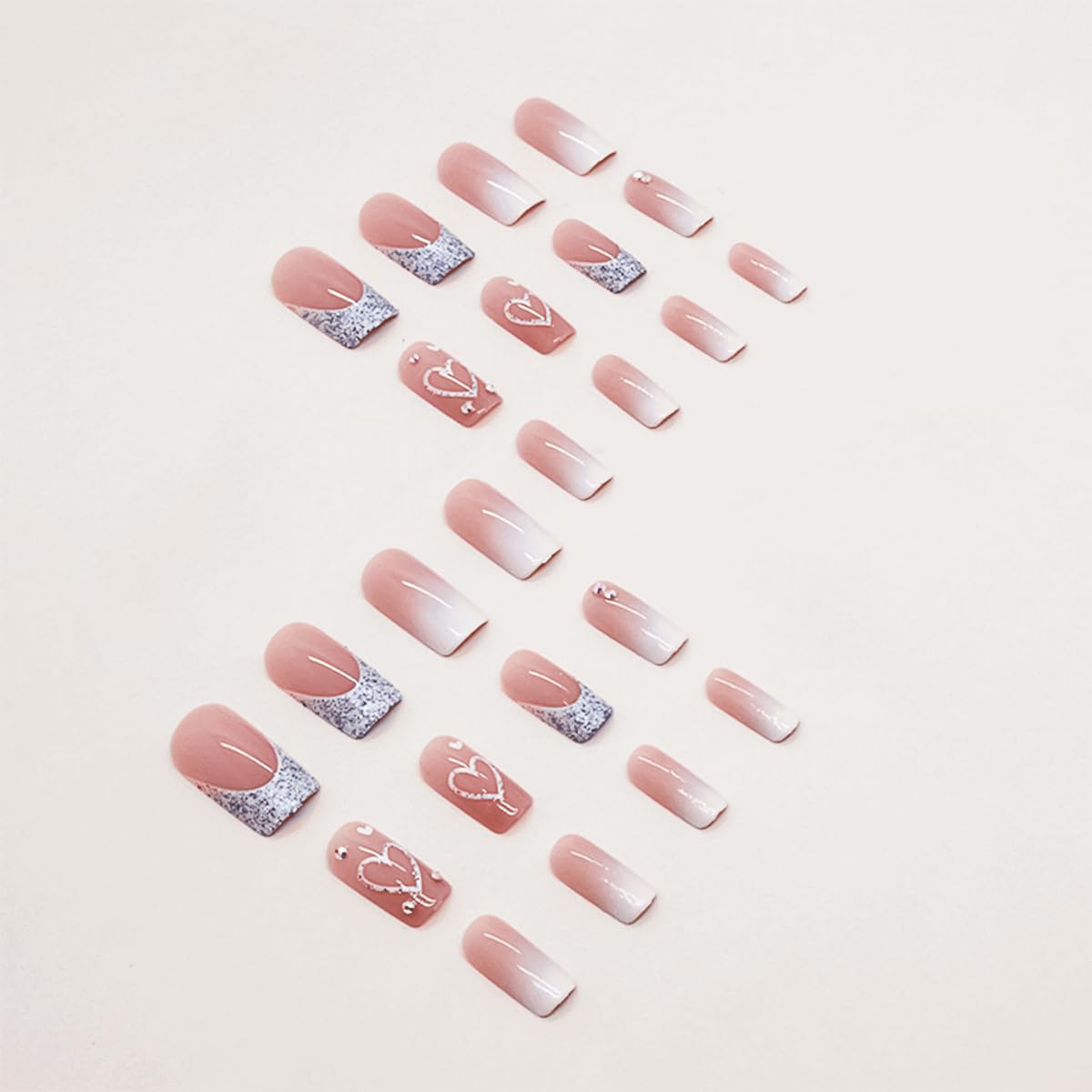 Glitter French Tip Heart Press on Nails - 24Pcs Medium Square Fake Nails with Rhinestones Design | Glossy Gradient Pink False Nails | Reusable Stick on Nails for Women | Perfect for Parties, Weddings, and Special Occasions