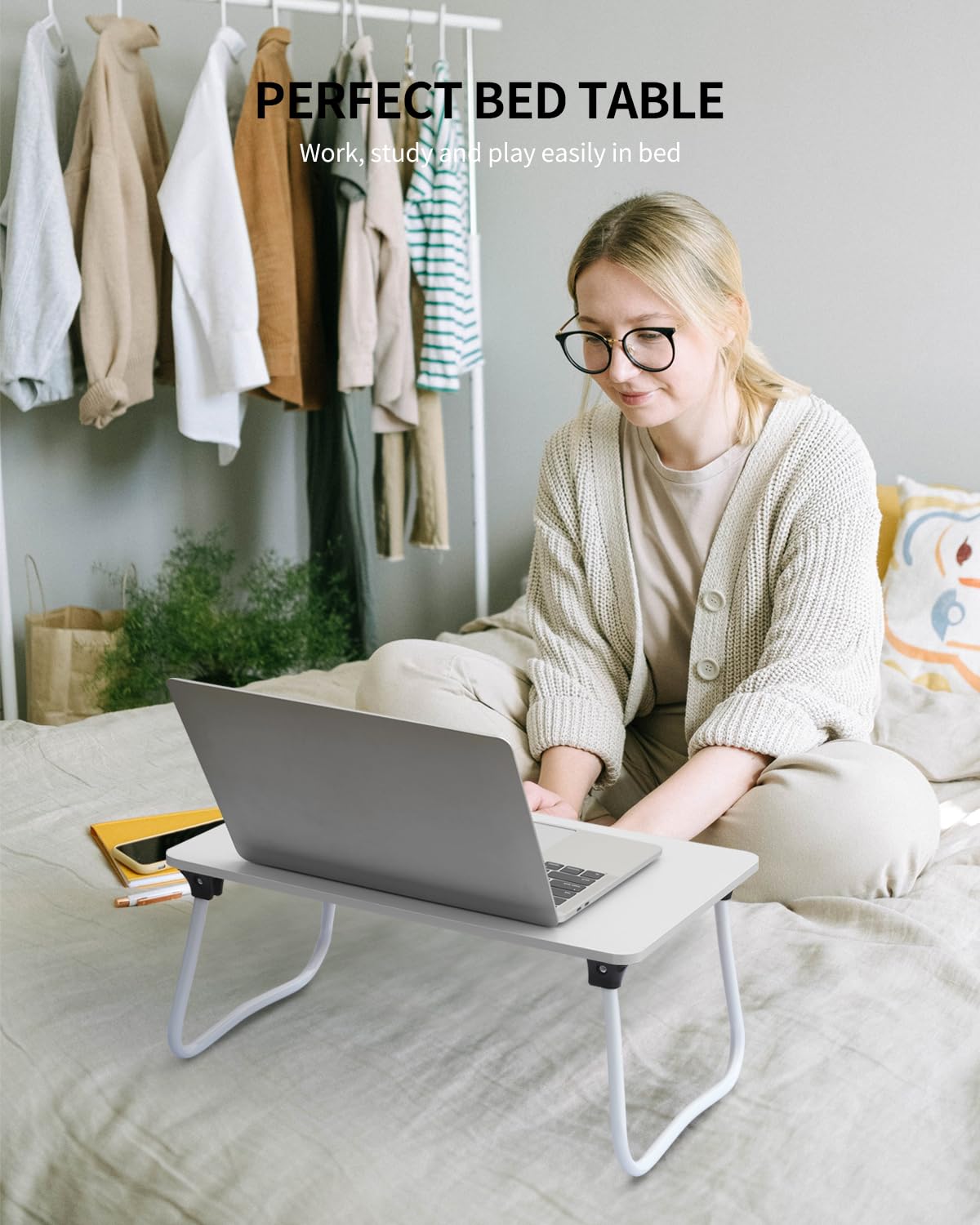 Foldable Lap Desk for Laptop & Tablet - Portable Lightweight Bed Tray, Breakfast Serving Tray, Sofa & Floor Desk - White | Perfect for Work, Study & Dining in Bed or Couch