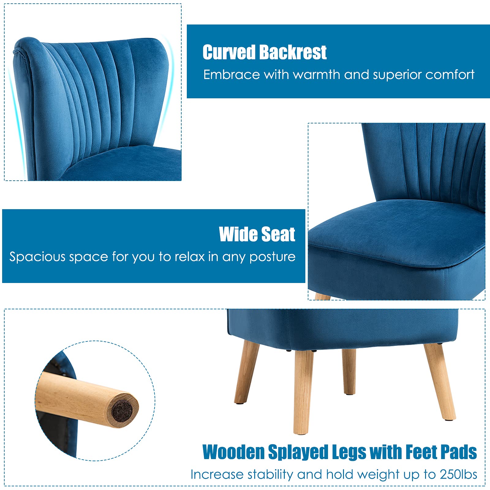 Velvet Modern Armless Accent Chair with Rubber Wood Legs & Thick Sponge Seat - Upholstered Wingback Leisure Sofa for Living Room, Bedroom & Office - Blue Comfort Chair for Relaxing, Reading & Small Space Decor
