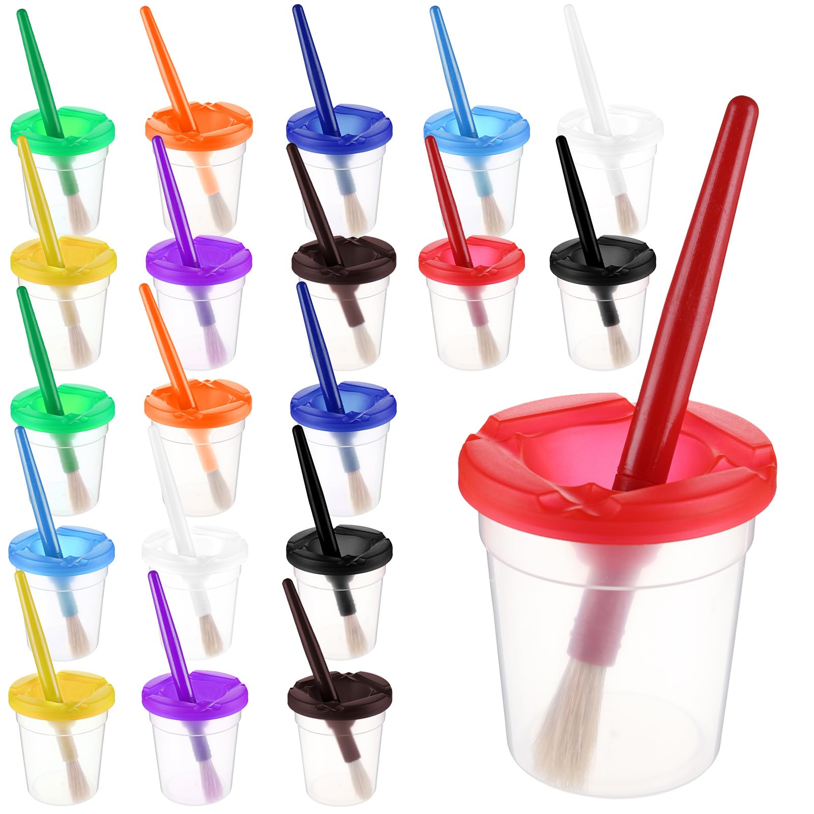 20-Piece Spill-Proof Paint Cup Set with Lids & Hog Bristle Brushes - Kids Art Supplies for Watercolor, Tempera, Acrylic & Washable Paint - Perfect for Classroom, Home Crafts & DIY Projects (10 Colors Included)