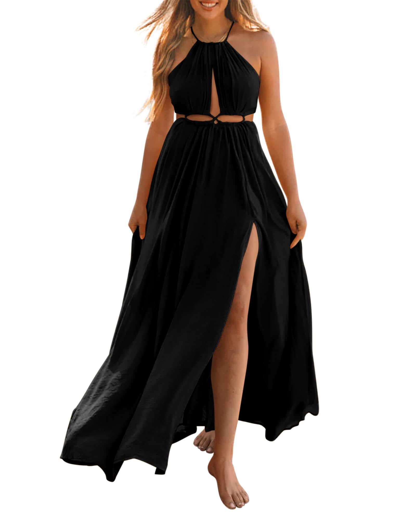 BTFBM Women's Summer Halter Dress 2025 - Sleeveless Boho Maxi Dress with Cutout Back & High Slit, Casual Beach Wedding Sundress | Perfect for Vacations, Pool Parties & Date Nights