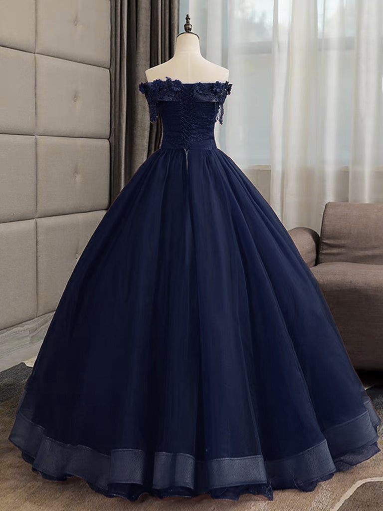 Elegant A-Line Tulle Lace Dark Blue Long Prom Dress for Sweet 16, Homecoming & Formal Events - Plus Size Available