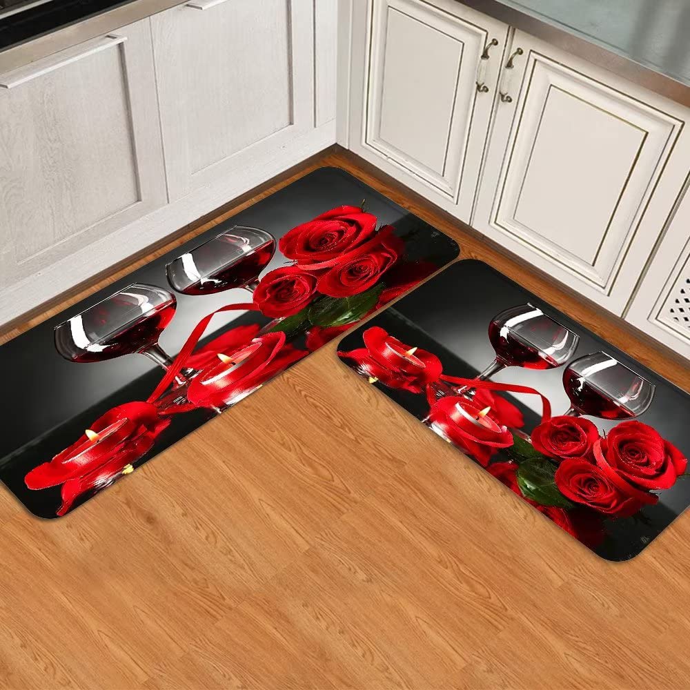 Non-Slip Washable Kitchen Mat Set of 2 - Cushioned Absorbent Floor Mats with Red Rose Wine Decorative Heart Design for Kitchen Sink, Laundry & Bathroom - Comfort Standing Mats for Home, Office & Restaurant Use